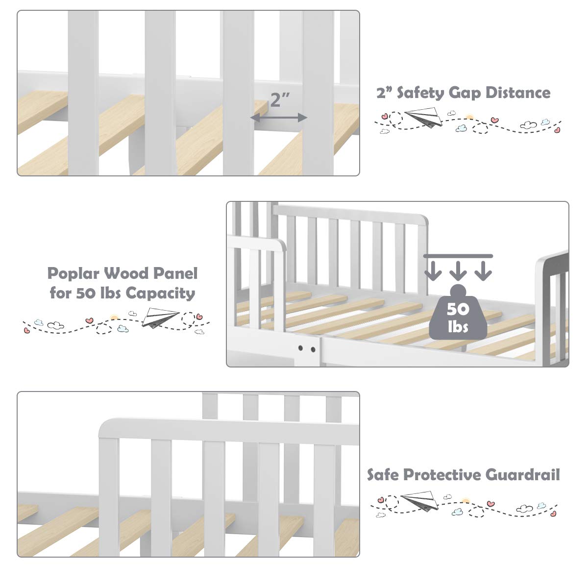 Costzon Toddler Wood Bed Frame with Safety Guardrail - White | Kids Bedroom Furniture for Boys & Girls
