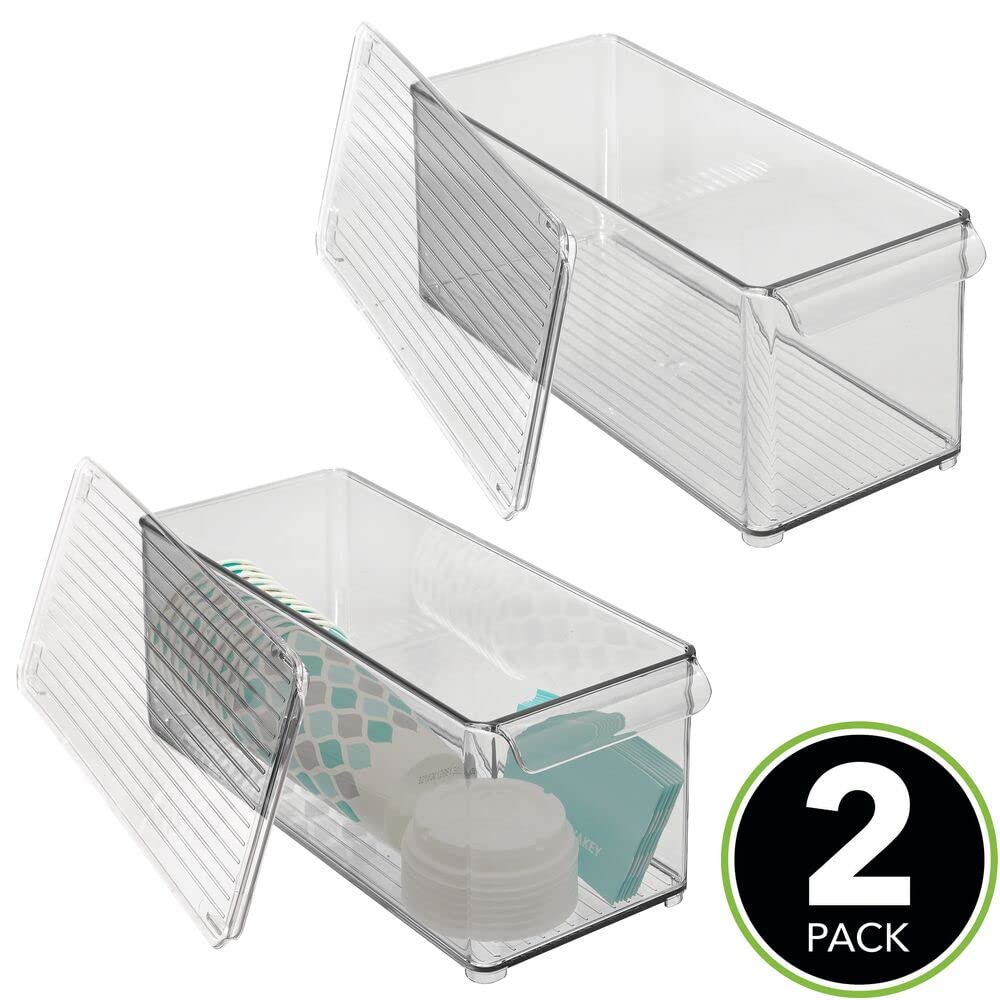 mDesign Plastic Stackable Kitchen Pantry Cabinet Organizer - Clear/Smoke Gray Food Storage Bins with Handle & Lid - 2 Pack for Refrigerator, Freezer - Perfect for Fruits, Yogurt, Snacks, Pasta - Ideal for Pantry Organization & Meal Prep