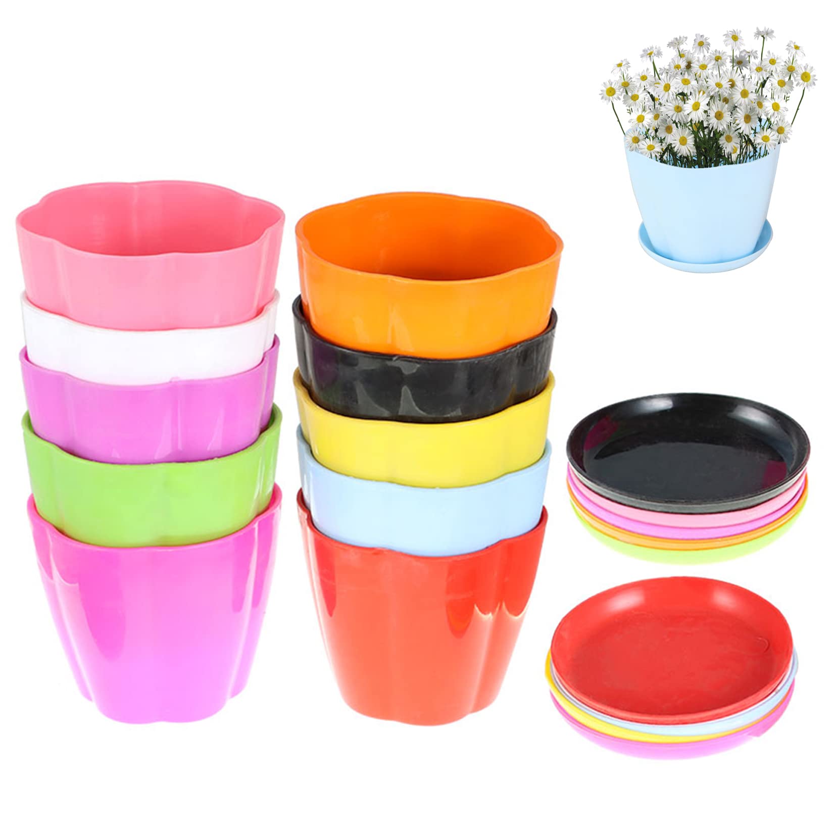 YSMN 10-Pack Colorful Plastic Seed Starting Pots with Drainage Holes & Tray - Biodegradable Plant Nursery Pots for Indoor Gardening, Home Office Decor, Modern Houseplants (Greenhouse, Balcony, Windowsill)