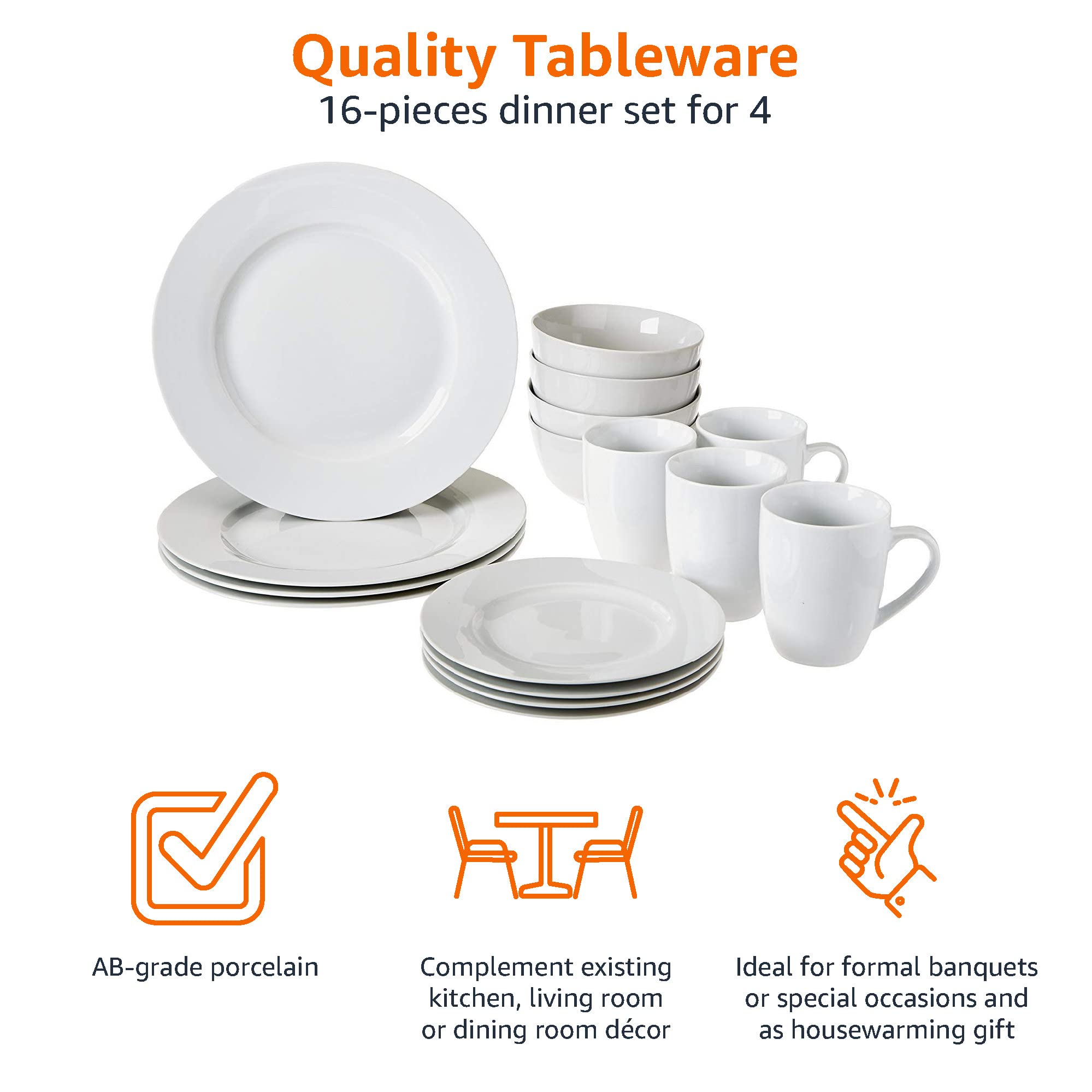 Amazon Basics Non-Stick 15-Piece Cookware Set with Pots, Pans & Utensils + 16-Piece White Dinnerware Set (Plates, Bowls, Mugs) - Service for 4 | Perfect for Family Dinners, Entertaining Guests & Everyday Cooking