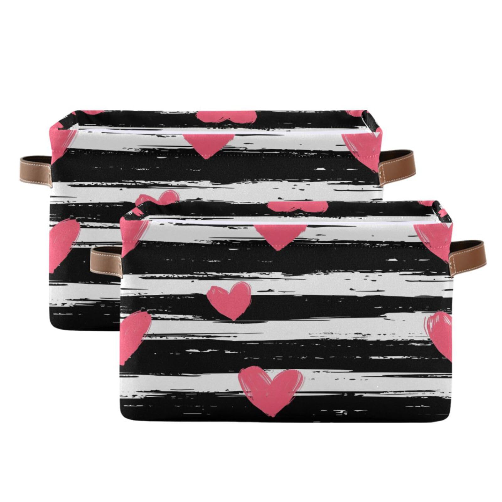 Hearts Striped Storage Basket - Foldable Canvas Fabric Organizer Bin with Handles for Home, Closet & Bedroom Organization (2-Pack) | Perfect for Toys, Blankets & Seasonal Decor Storage