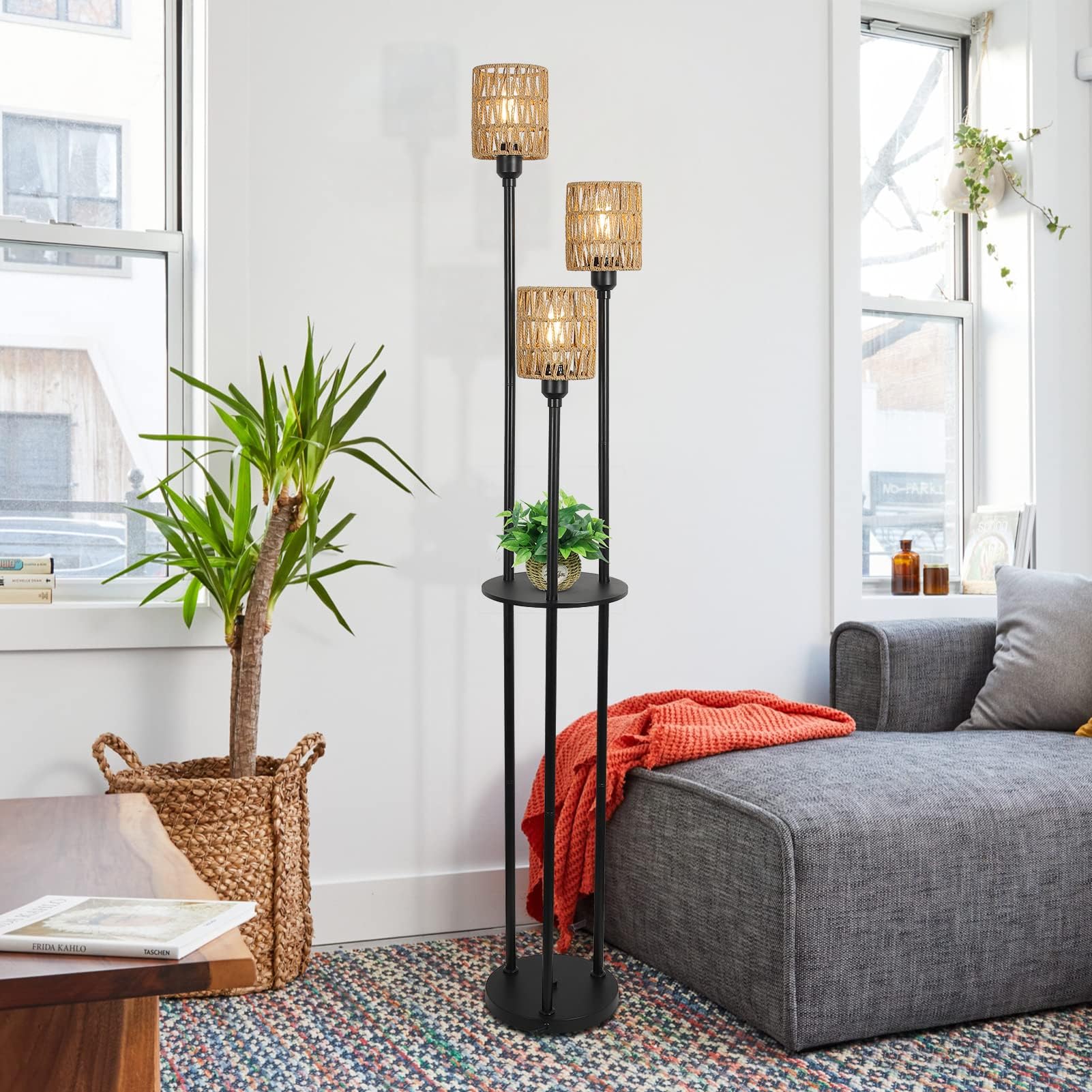 Boho 3-Light Rattan Floor Lamp with Shelves & Table - Rustic Farmhouse Standing Lamp with ON/Off Foot Switch & Rattan Shades - Tall Corner Lamp for Living Room, Bedroom, Office - Perfect for Reading Nook, Cozy Spaces & Farmhouse Decor