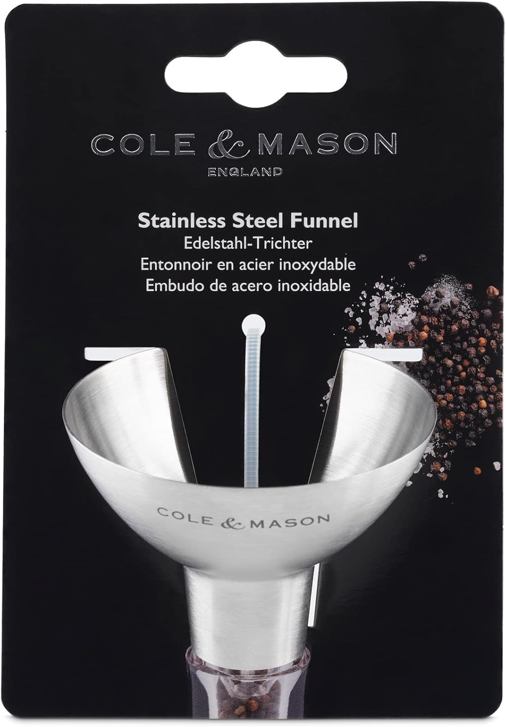 Cole & Mason Stainless Steel Salt and Pepper Funnel - Premium Metal Kitchen Funnel for Spice Jars, Bottles & Seasoning Containers - Durable Small Funnel for Easy Refilling - Perfect for Home Cooking, Baking & Pantry Organization