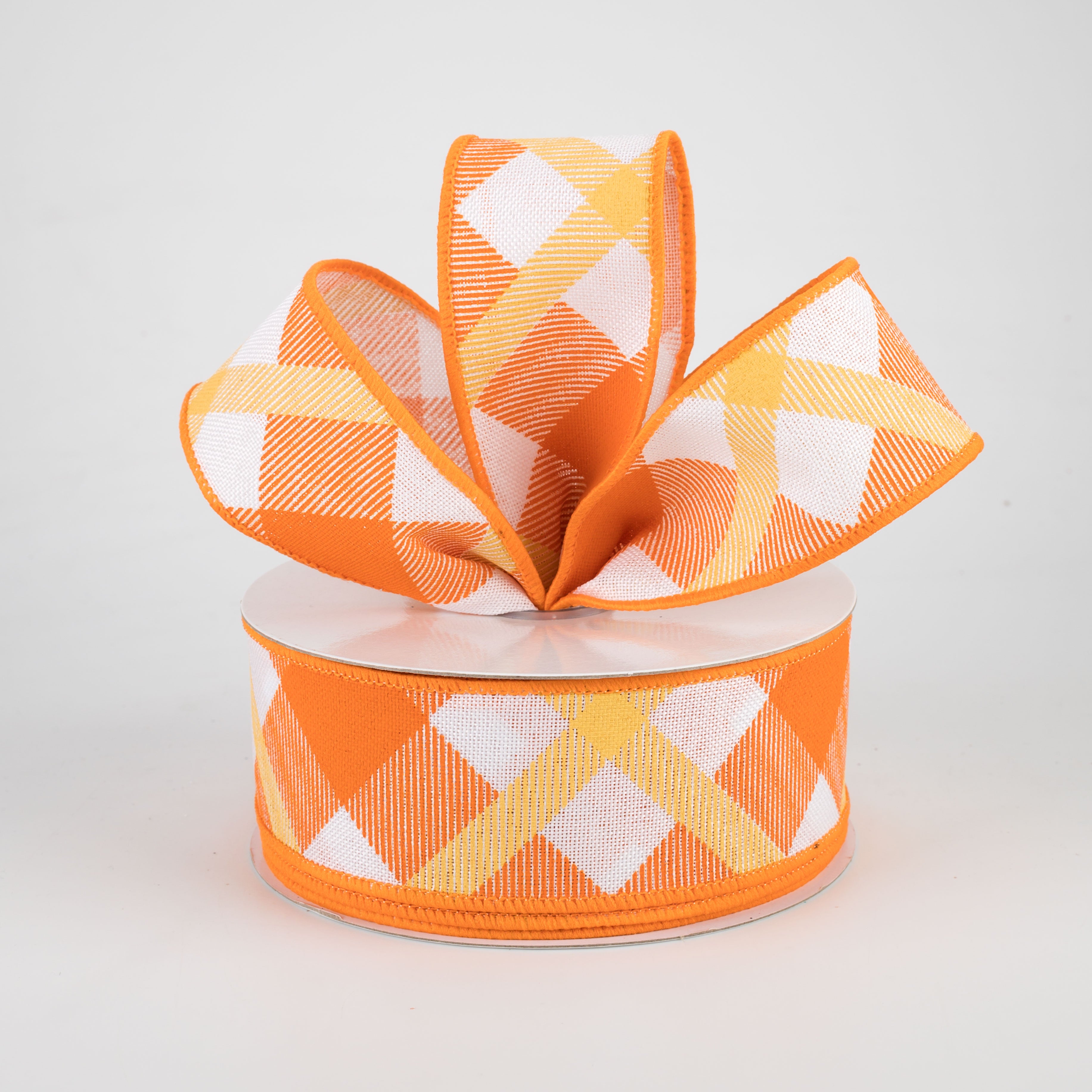 1.5 Inch Printed Plaid Ribbon - White, Orange, Mustard - 10 Yards Bulk Roll for Gift Wrapping, Crafts, DIY Projects, and Holiday Decorations