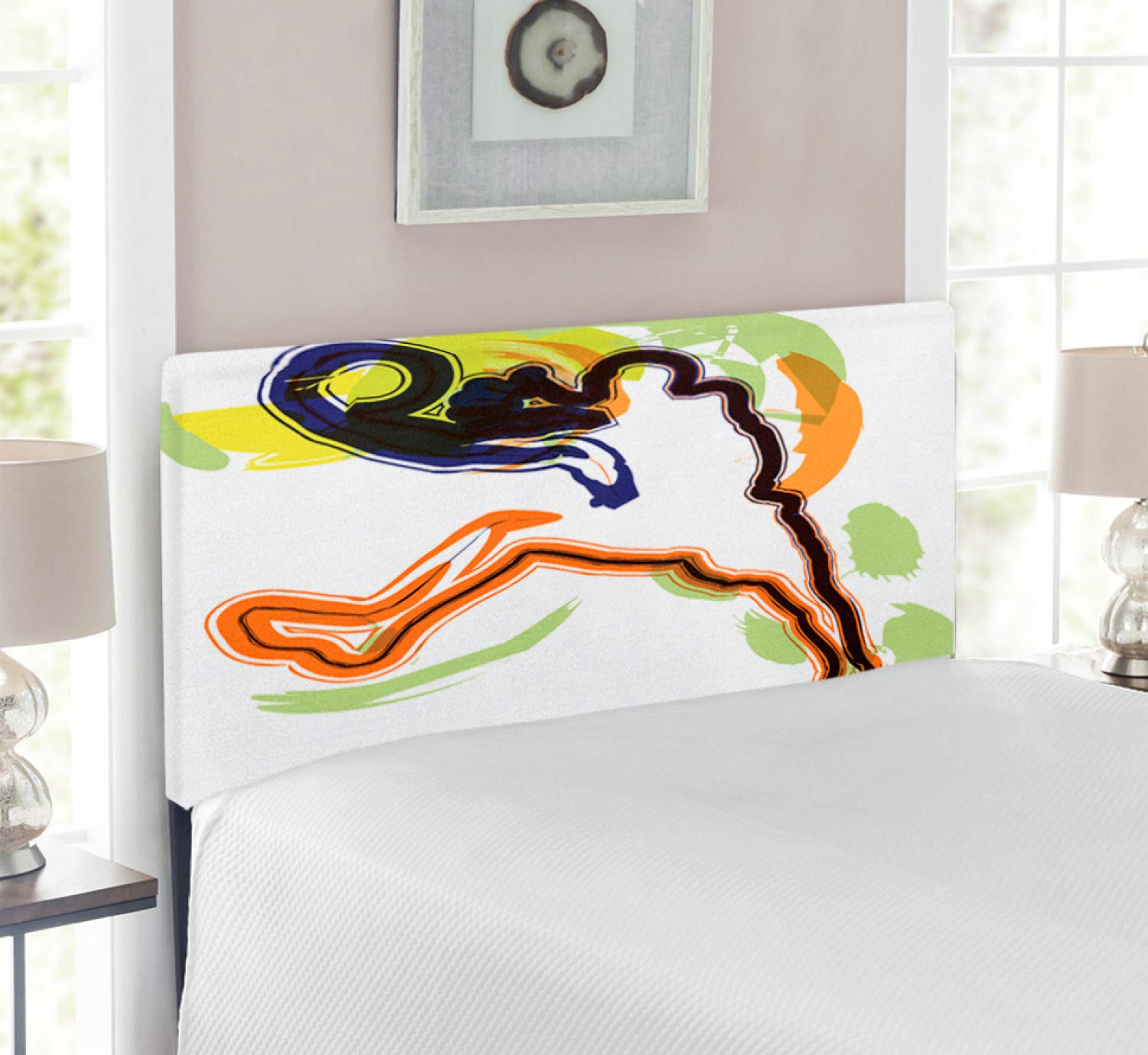 Ambesonne Basketball Headboard - Upholstered Metal Bed Frame with Memory Foam, Twin Size in Orange Black & Lime Green | Champion Victory Passion Sketch Design | Perfect for Sports Fans Bedroom Decor, Boys Room & Basketball Theme Interior