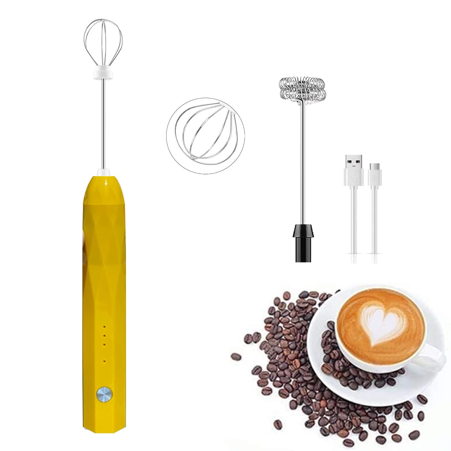 USB Rechargeable Electric Milk Frother with 2 Stainless Steel Whisk - 3-Speed Adjustable Mini Blender for Cappuccino, Latte, Hot Chocolate, Matcha, Egg Mix - Perfect for Coffee Shops, Home Kitchen, Office & Travel (Yellow, Compact 8.78*1.18in)