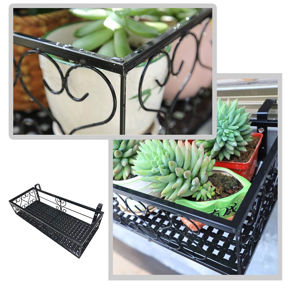 Matybobe Iron Hanging Flower Railing Shelf Basket with Hooks - Balcony Planter Pots Stand Holder for Outdoor Plants - Perfect for Small Space Gardening, Patio Decor & Vertical Garden Organization (1-Tier)