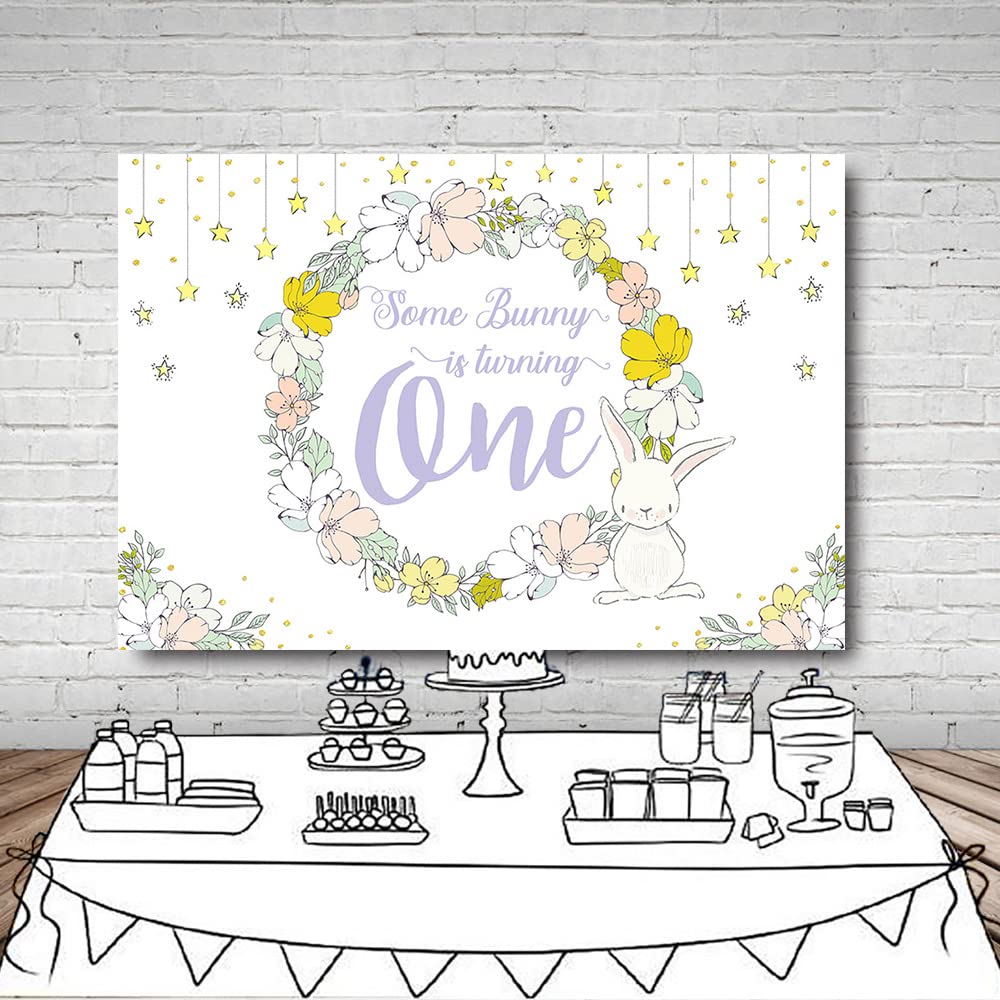 MEHOFOND 7x5ft Spring Girl Bunny Birthday Backdrop - Happy 1st Birthday Easter Rabbit Party Decor with Floral Twinkle Gold Stars - Perfect for Photo Booth Props, Baby Shower & Easter Celebrations