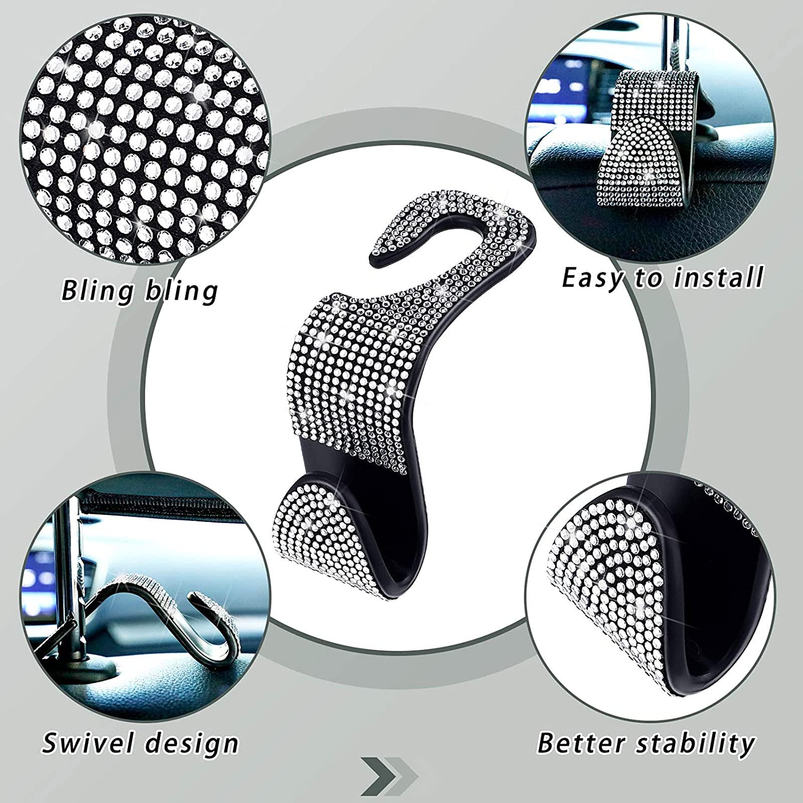 Sparkling Rear View Mirror Cover with 2 Diamond Car Seat Hooks - Universal Bling Mirror Accessories for Women & Girls | Perfect for Car Decor, Gift Giving, and Personalizing Your Vehicle
