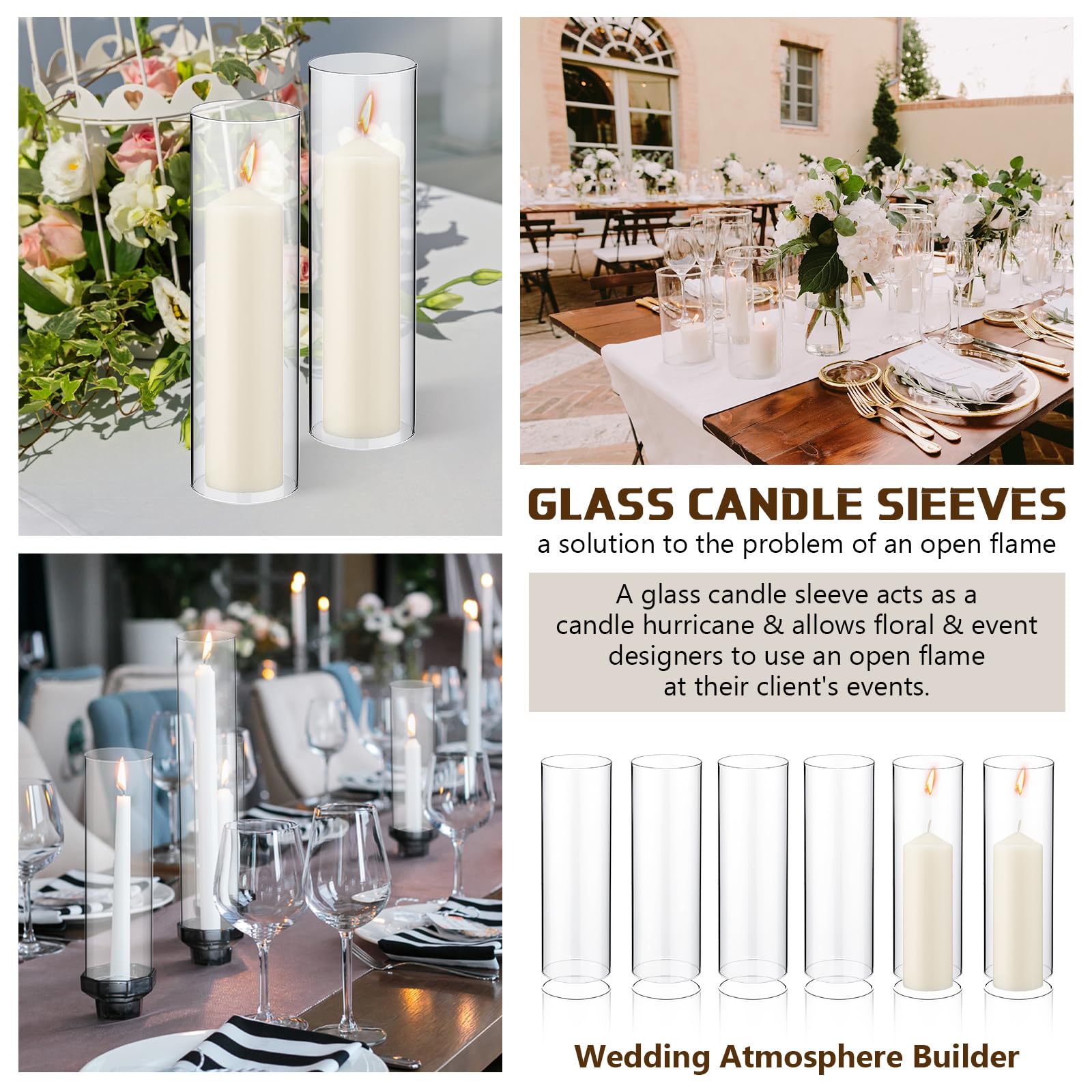 Yaomiao 6-Pack Clear Glass Hurricane Candle Holders with Unscented Pillar Candles - 2.5 x 8 Inch Open-Ended Cylinder Candle Sleeves for Wedding, Dining Table, Restaurant, and Home Decor
