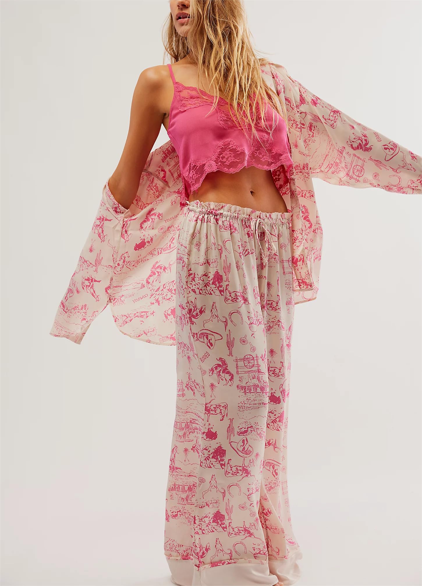Women's Y2K Silk Pajama Set - Floral Print Long Sleeve Button Down Shirt & Wide Leg Pants 2-Piece Lounge Outfit | Soft Sleepwear for Women, Cozy Loungewear for Home, Travel & Relaxation
