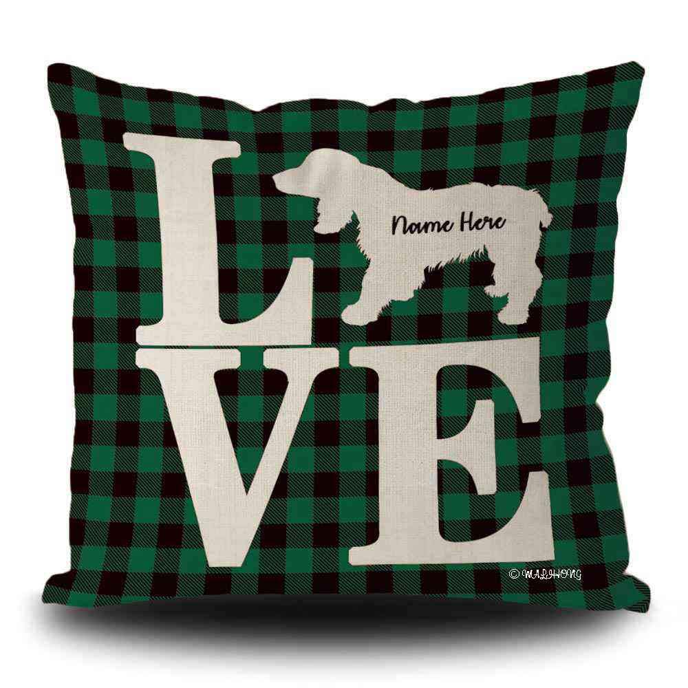 Personalized Dog Pillow Cover - Russian Spaniel Silhouette Green Buffalo Plaid Throw Pillowcase 18x18 Inch for Sofa, Bed & Home Decor | Perfect Gift for Dog Lovers & Pet Owners