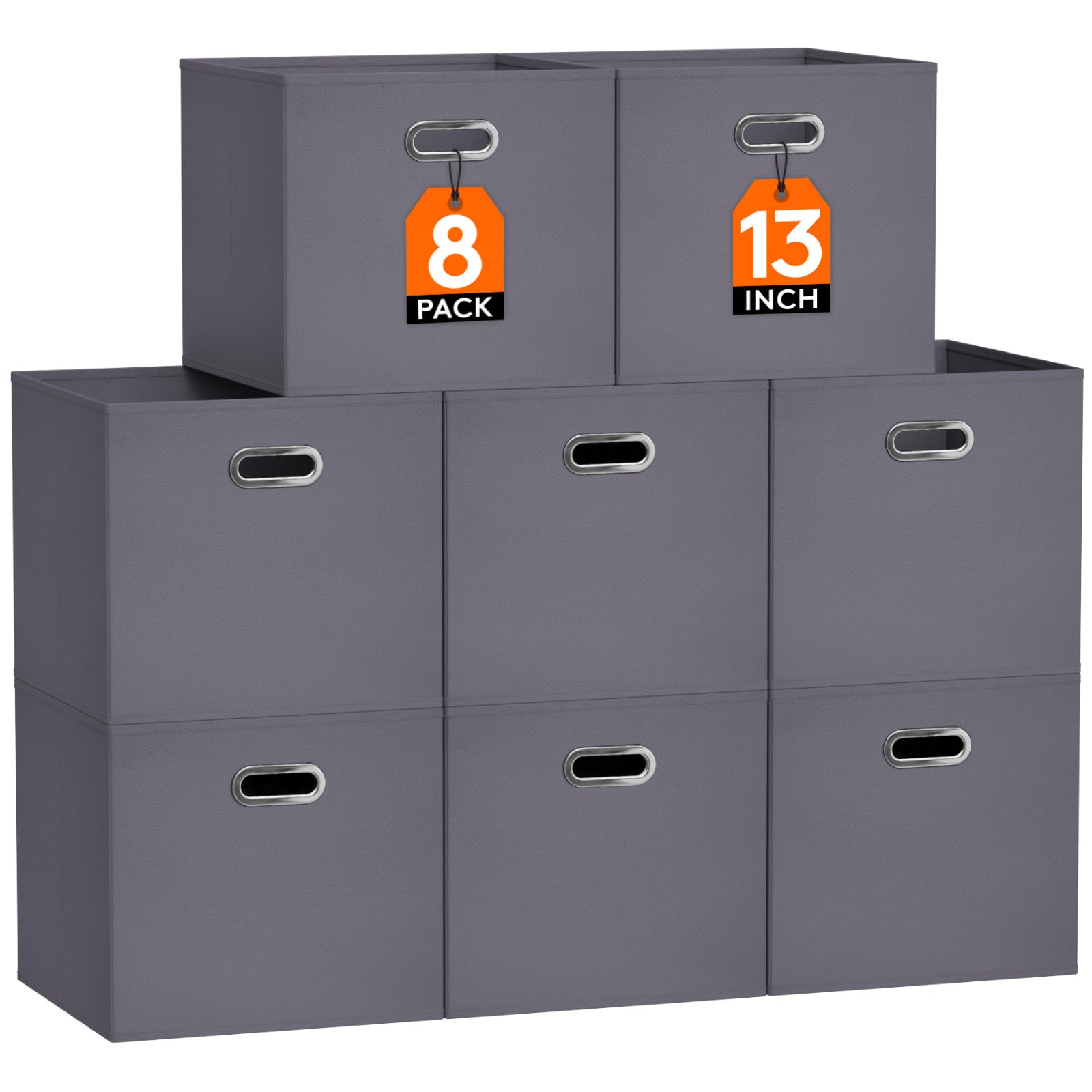 Lifewit 13 Inch Foldable Cube Storage Bins - Set of 8 Gray Fabric Organizer Baskets with Metal Handles for Shelves & Closet | Home Organization Solutions for Bedroom, Living Room & Office Storage