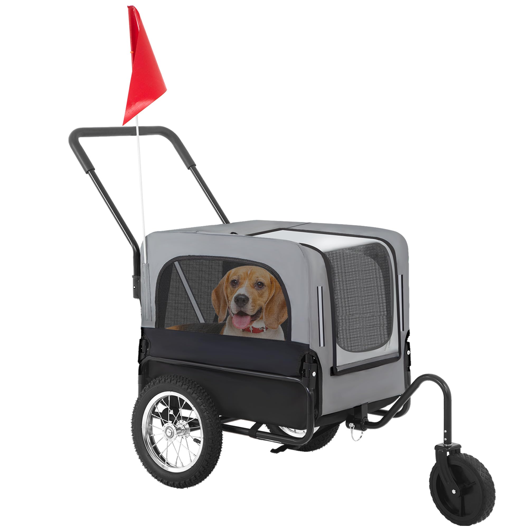 FDW 2-in1 Dog Bike Trailer & Pet Stroller - Convertible Bicycle Carrier with Hitch, Suspension, Safety Flag & Reflectors for Small Medium Large Dogs (Gray) - Perfect for Cycling, Jogging & Outdoor Adventures with Your Pet