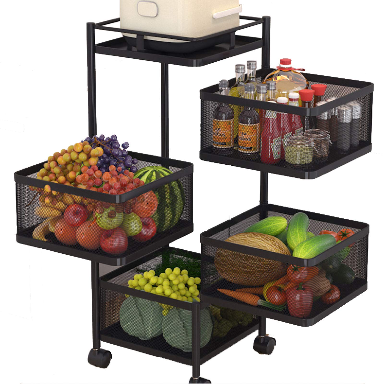 ZKHD 4-Tier Rotatable Kitchen Cart with Wheels - Black Floor Standing Storage Trolley for Fruits, Vegetables & Kitchen Organization | Perfect for Small Spaces, Pantry Storage & Mobile Food Prep Station
