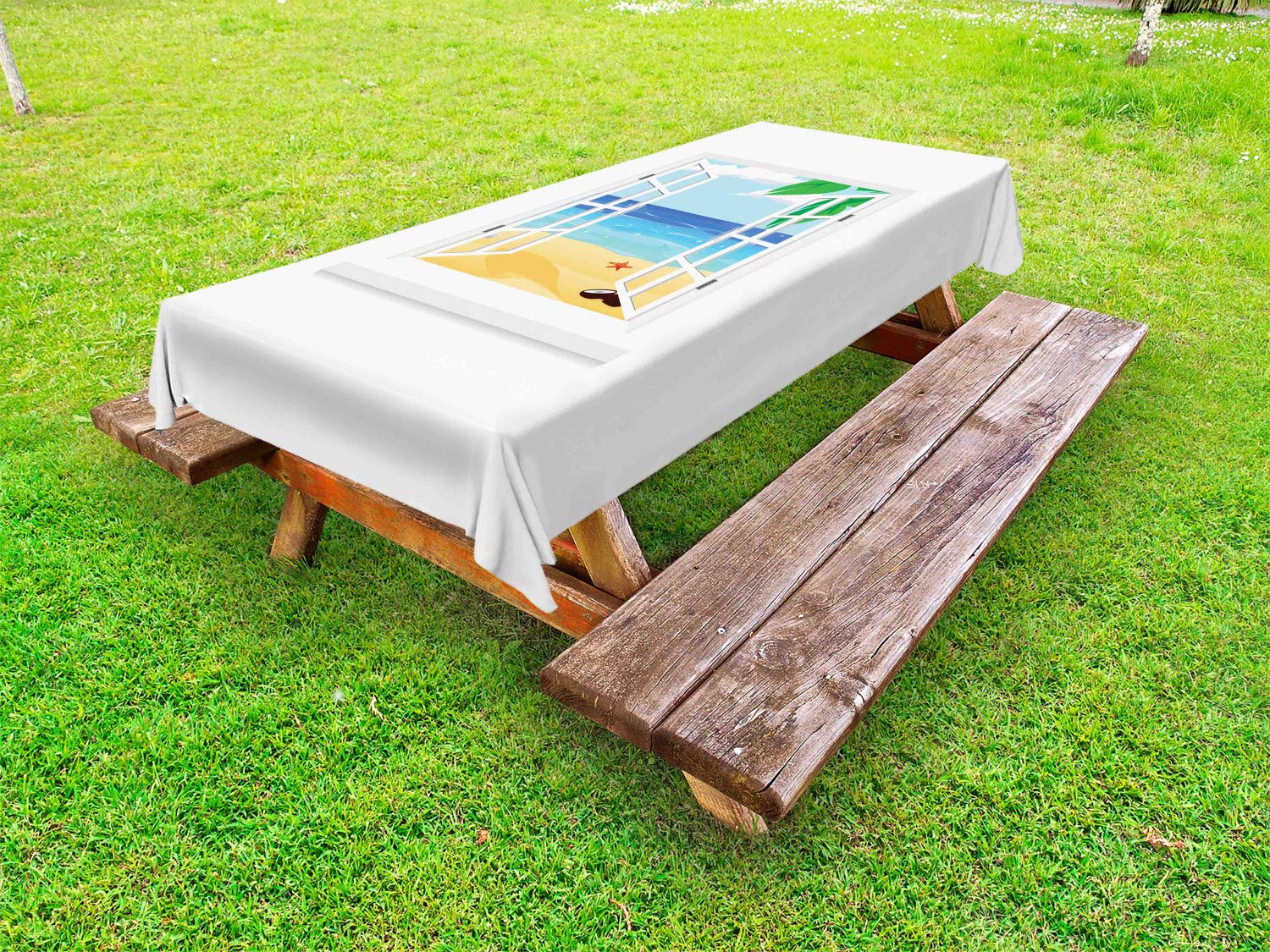 Ambesonne Beach Themed Outdoor Tablecloth - Ocean View with Coconut Leaves & Starfish Cartoon Design | Washable Picnic Table Cover 58x120 Inches | Blue Sand Brown White | Perfect for Beach Parties, Picnics & Outdoor Dining