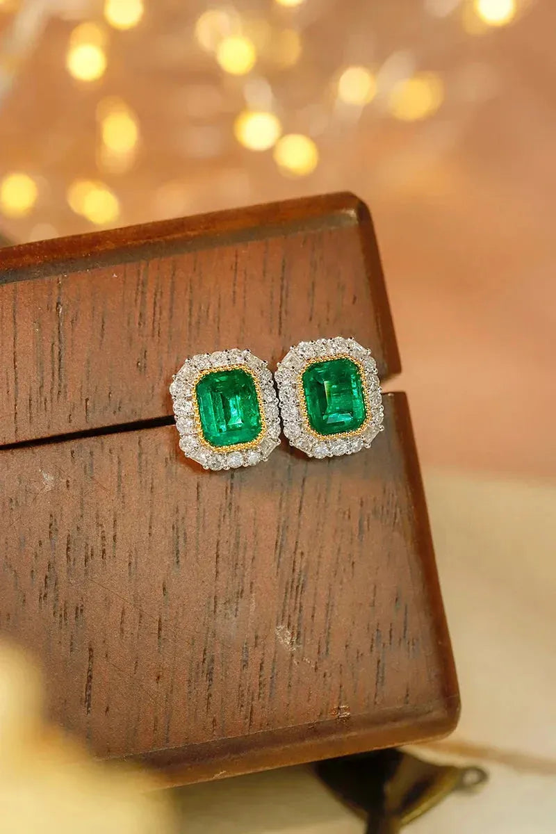18K White & Yellow Gold Emerald Diamond Stud Earrings for Women | Luxury Natural Gemstone Jewelry | Perfect for Parties, Weddings & Special Occasions