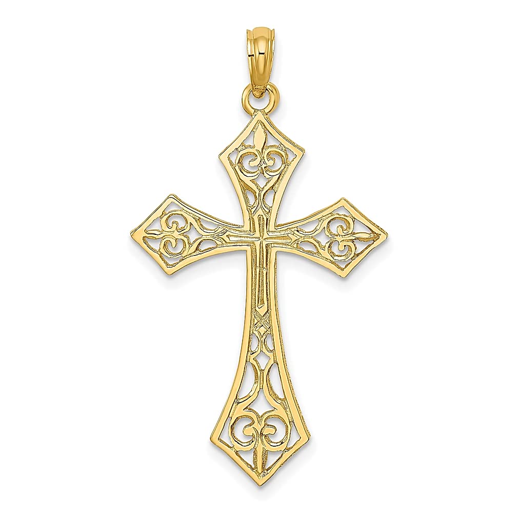 14K Yellow Gold Filigree Cross Pendant Necklace - Religious Charm Jewelry for Women, Elegant Gift for Her - Perfect for Church, Weddings, Baptisms & Special Occasions