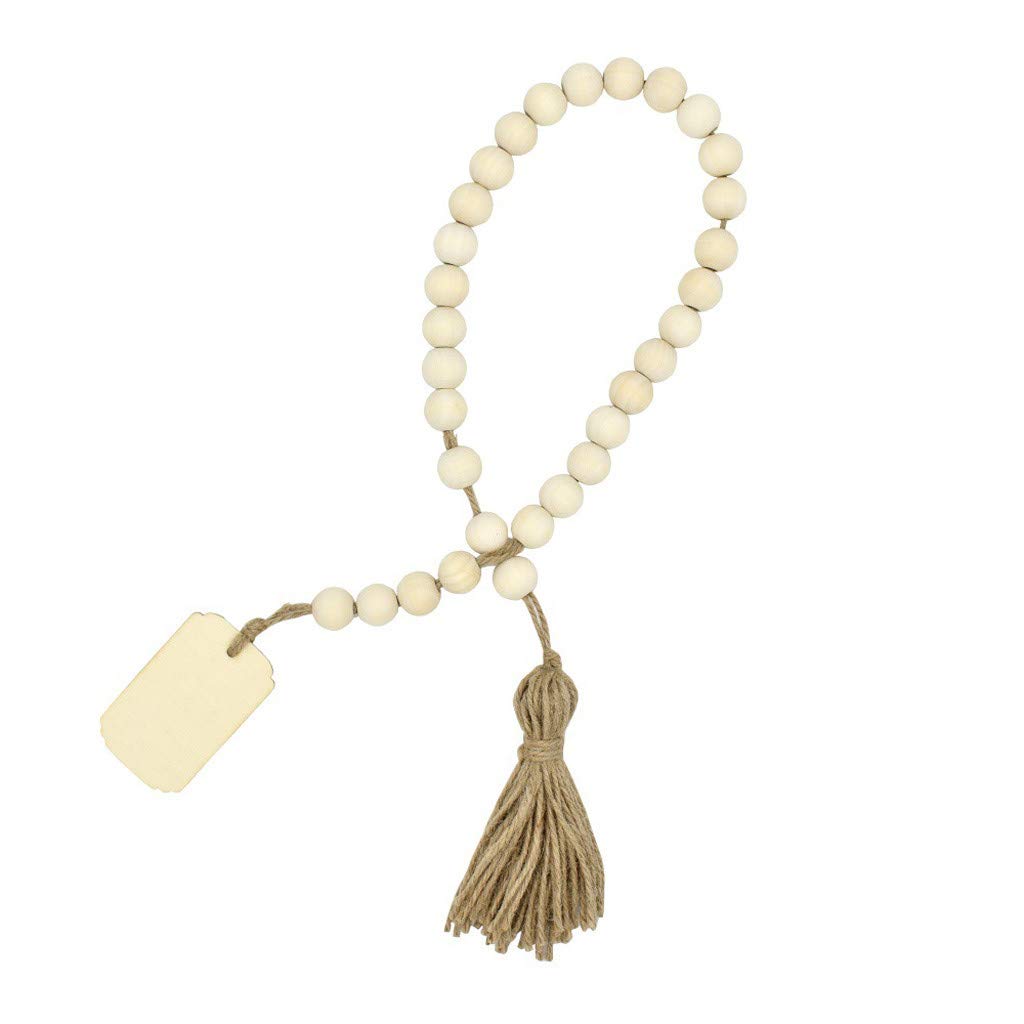 MOMFEI Vintage Wooden Beads with Tassels - DIY Home Decor Garland for Easter Tree, Kids Room, Nursery & Boho Style Wall Hanging (Beige, One Size) - Perfect for Seasonal Decor, Baby Shower & Holiday Party Decoration