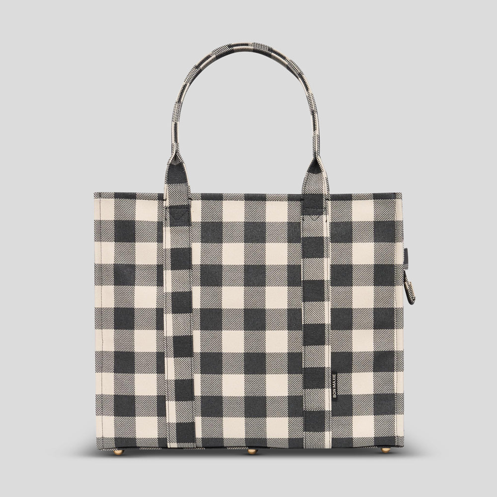 Large Bon Vivant Structured Tote Bag - Black Gingham Checkered Pattern - Perfect for Work, Travel & Shopping