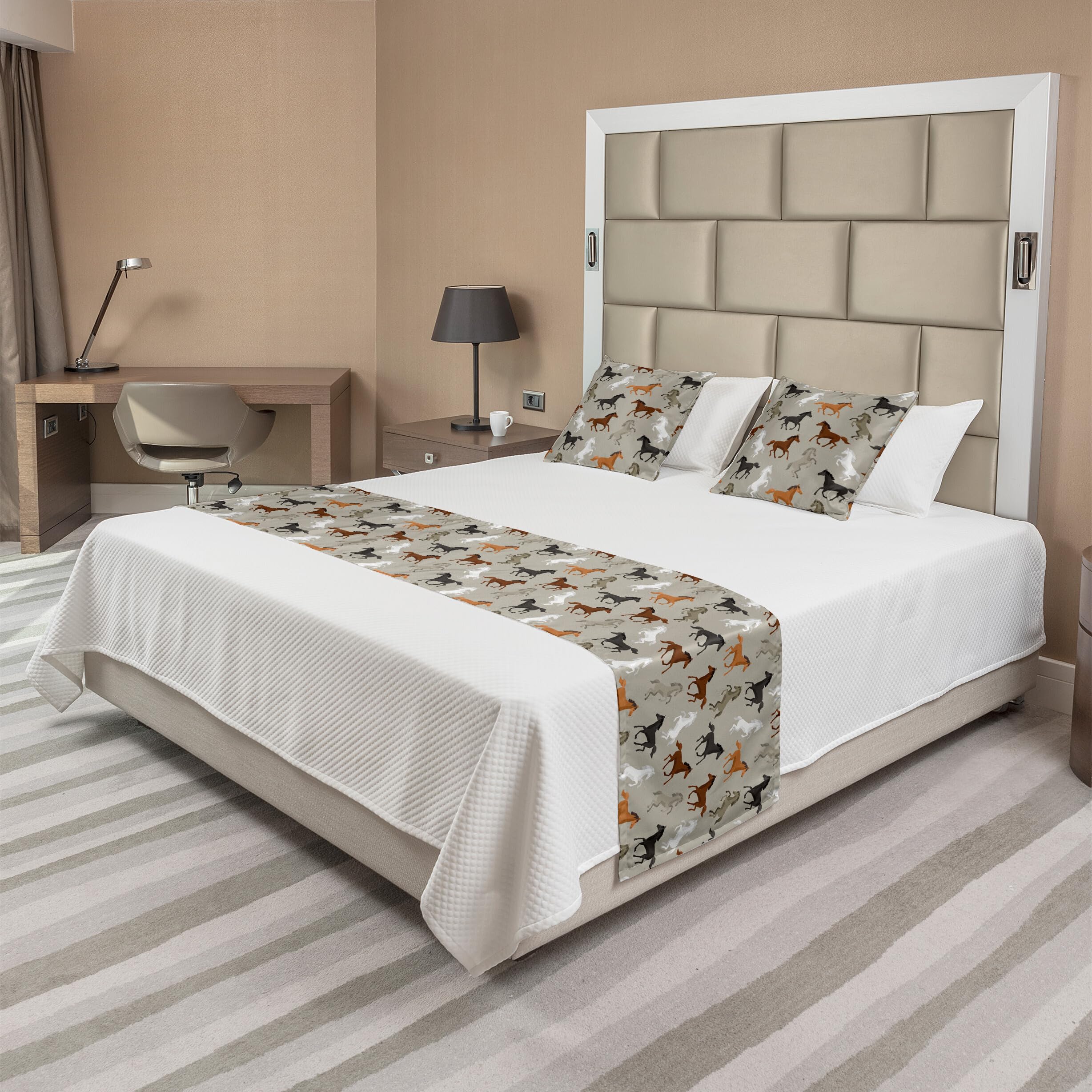 Ambesonne Horses Bed Runner Set - Abstract Stallion Design with 2 Pillow Shams, Multicolor Animal Print Bedding Scarf for Home & Hotel Decor | Perfect for Western Theme Bedrooms, Ranch Style Decorations