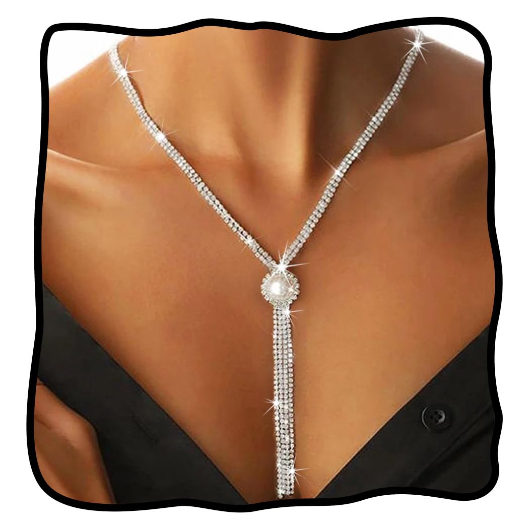 Sparkling Rhinestone Y-Necklace with Crystal & Pearl Accents - Elegant Long Choker Chain Jewelry for Women | Perfect for Parties, Weddings & Evening Events