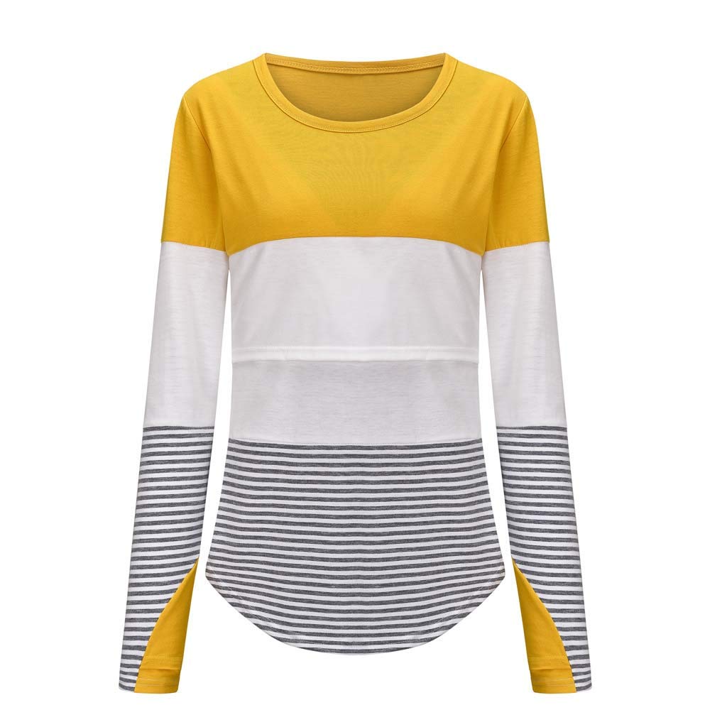 Women's Maternity Nursing Top - O-Neck Long Sleeve Striped Blouse for Pregnancy & Breastfeeding | Comfortable Basic Shirt for Work, Casual & Everyday Wear