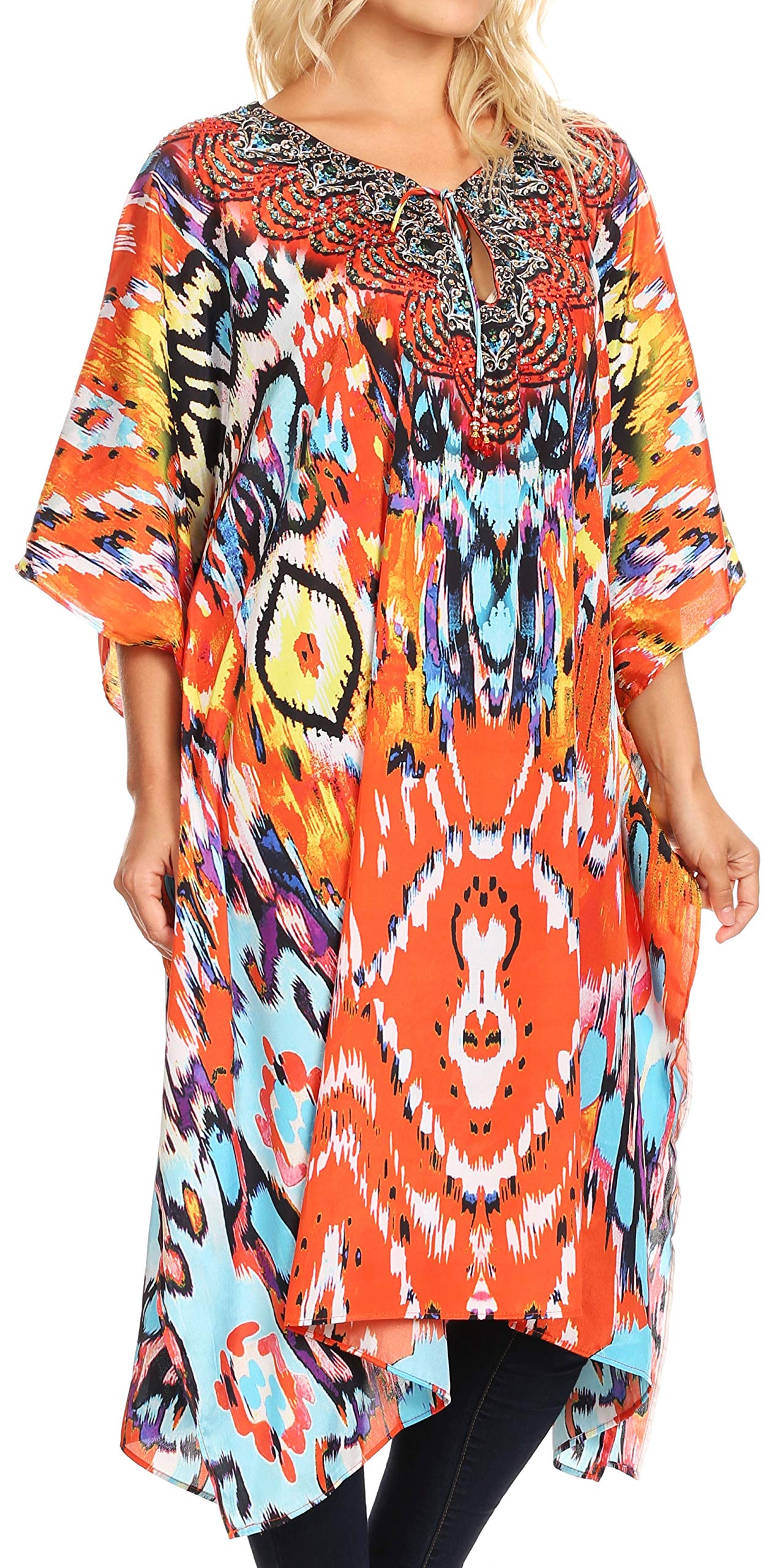 Sakkas Jenni Women's Boho Caftan Dress - Flowy Mid-Length Kaftan with Rhinestone Details | Perfect for Beach Cover Up, Summer Vacation & Boho Fashion Outfits