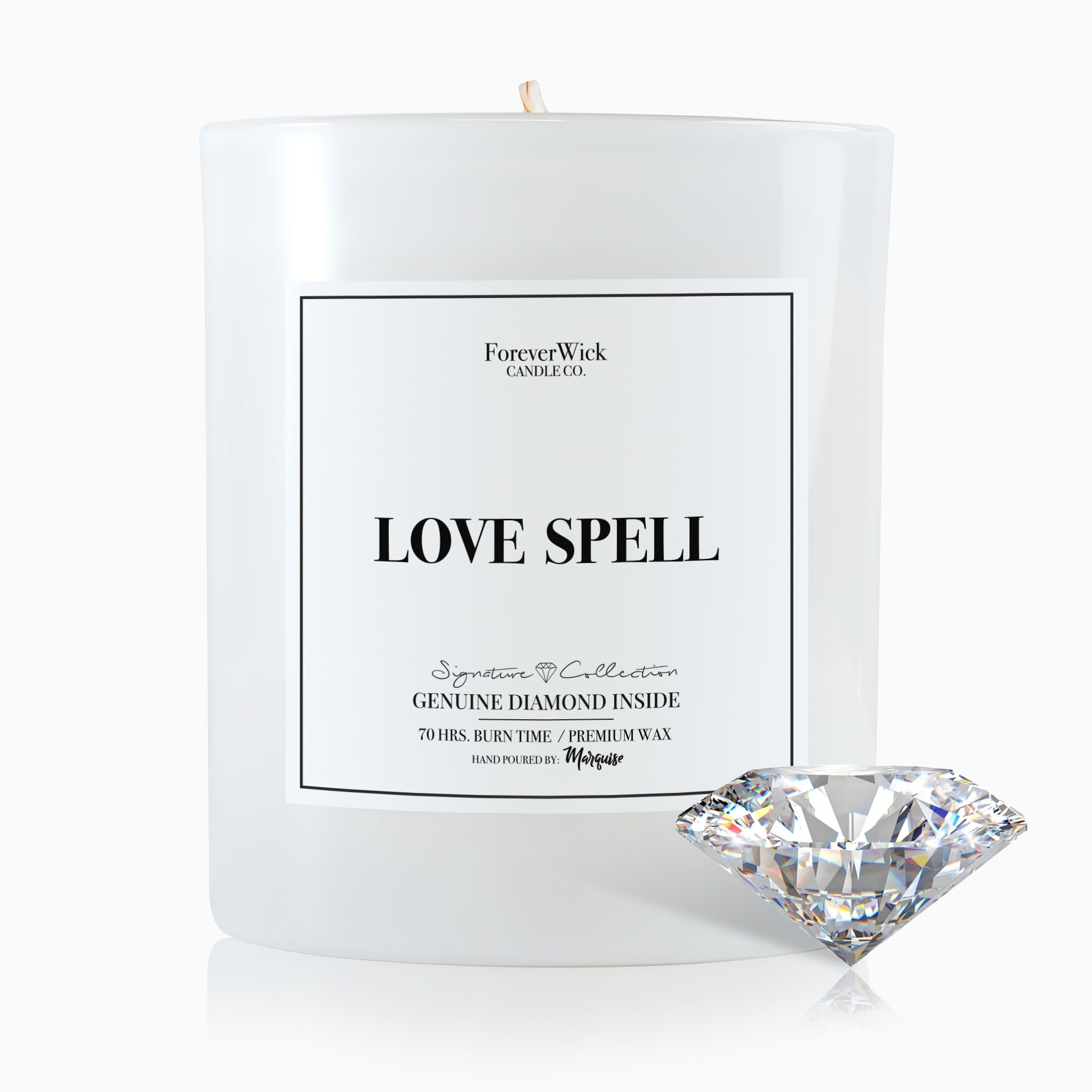 Love Spell Surprise Candle with Real Diamond Inside - Foreverwick Scented Soy Candle Gift for Women - 14oz All-Natural Organic Romantic Candle (70h Burn Time) - Perfect for Anniversaries, Valentine's Day & Romantic Surprises
