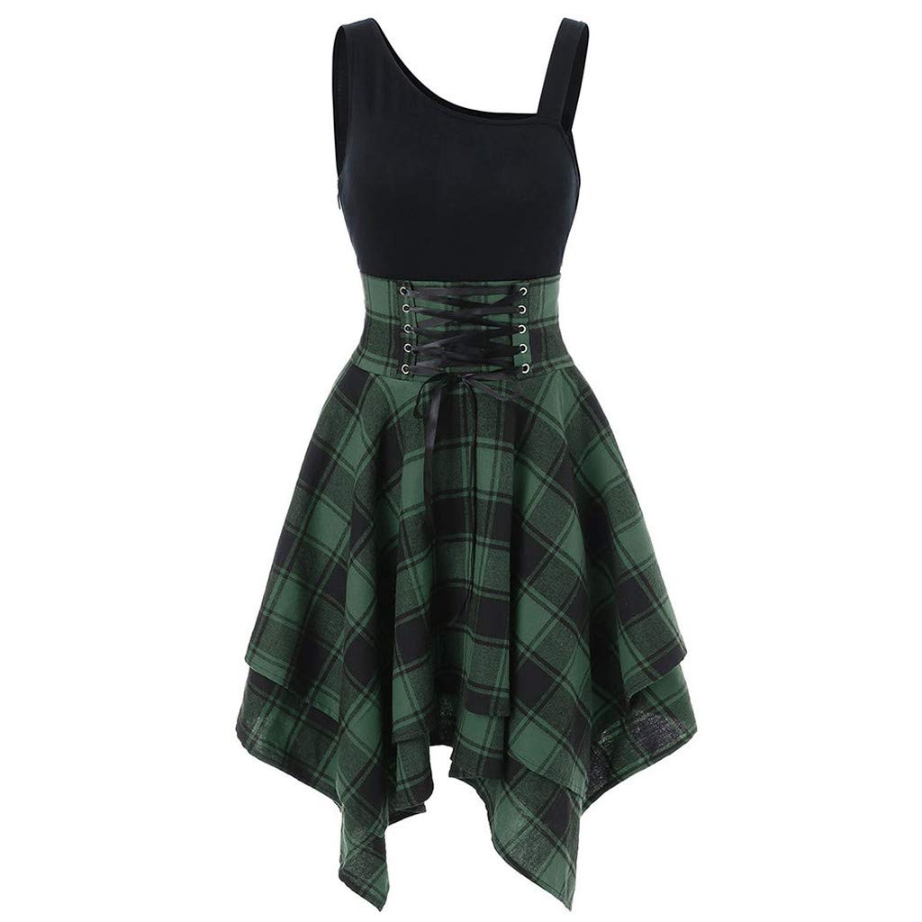Women's Casual Plaid Sleeveless Summer Dress - Cold Shoulder Cross Flowy Design with Printed Irregular Hem for Beach, Vacation & Outdoor Activities