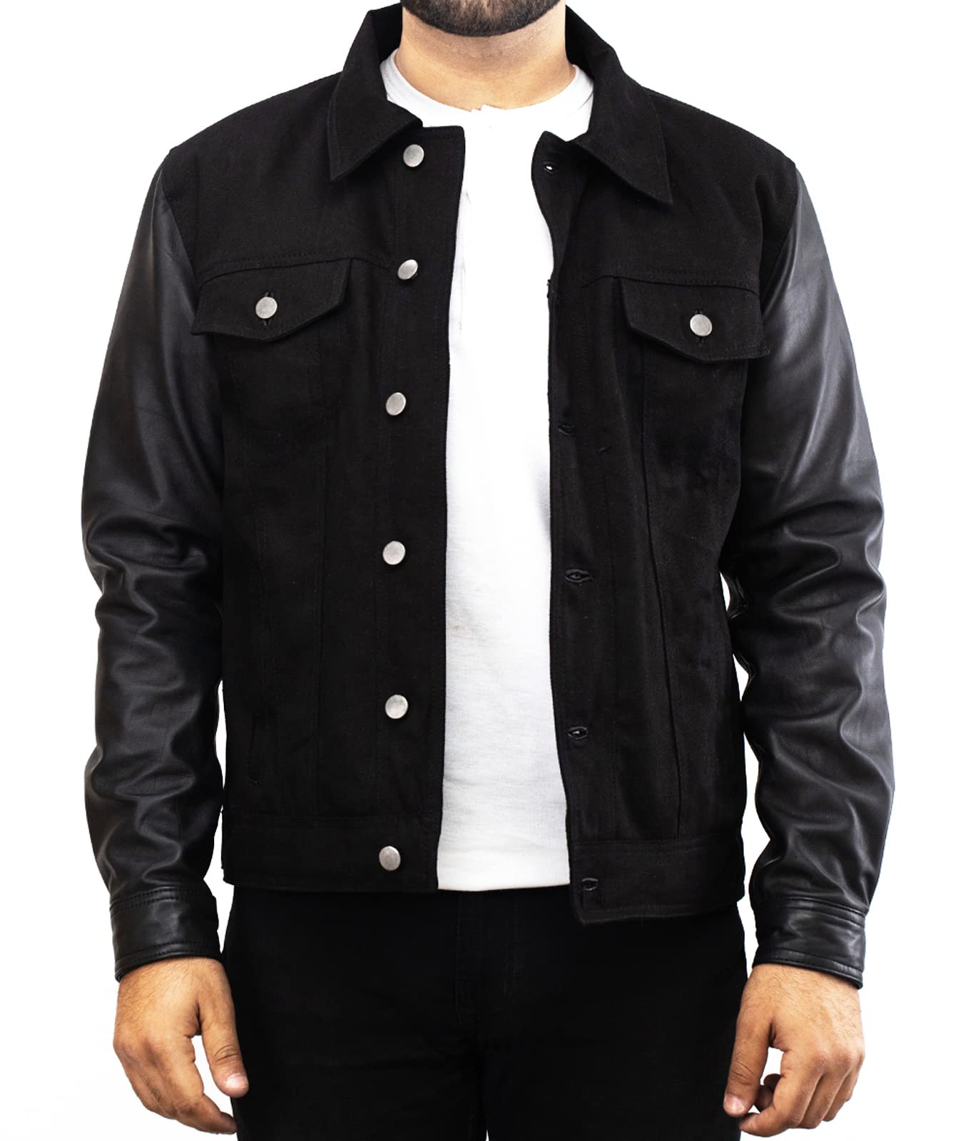 Men's Black David Varsity Lightweight Bomber Leather Jacket - Letterman Baseball Denim Jacket for Men (XS, Fits Chest 38-39