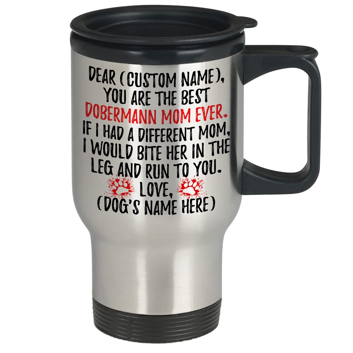 Personalized Doberman Pinscher Dog Mom Travel Mug - 14oz Insulated Coffee Cup with Lid - Unique Gift for Doberman Owners, Dog Lovers & Pet Moms - Perfect for Coffee, Tea, Commuting & Office Use