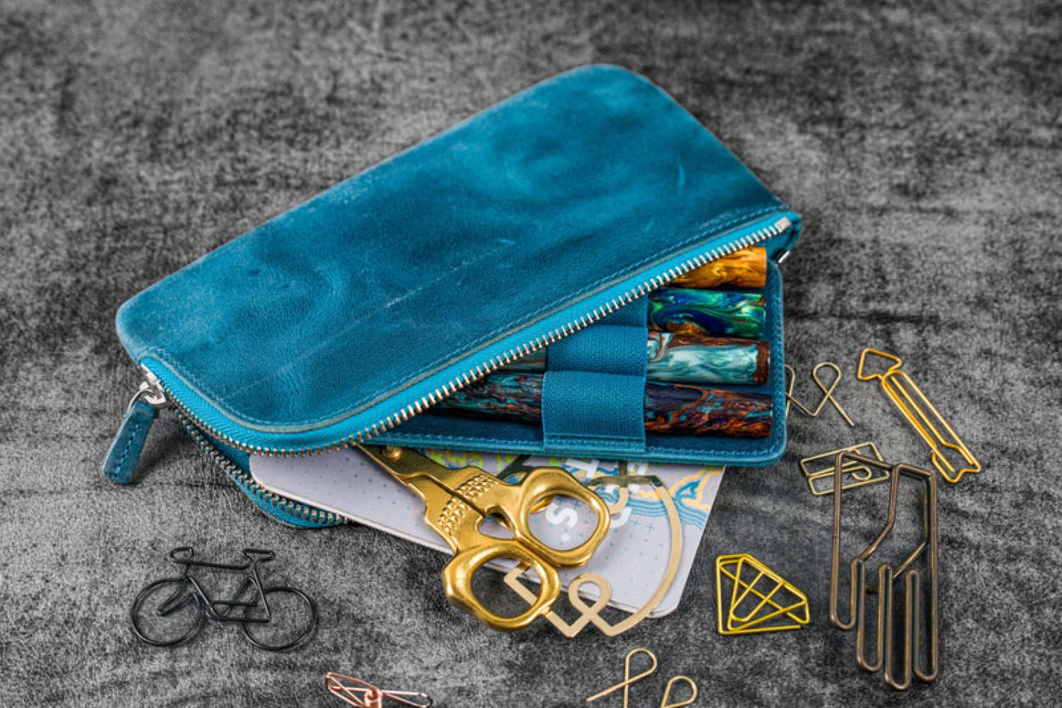 Galen Leather Slip N Zip 4 Slots Zippered Pen Pouch - Premium Crazy Horse Ocean Blue Leather Organizer for Fountain Pens, Pencils & Stationery | Perfect for Office, School & Travel Use
