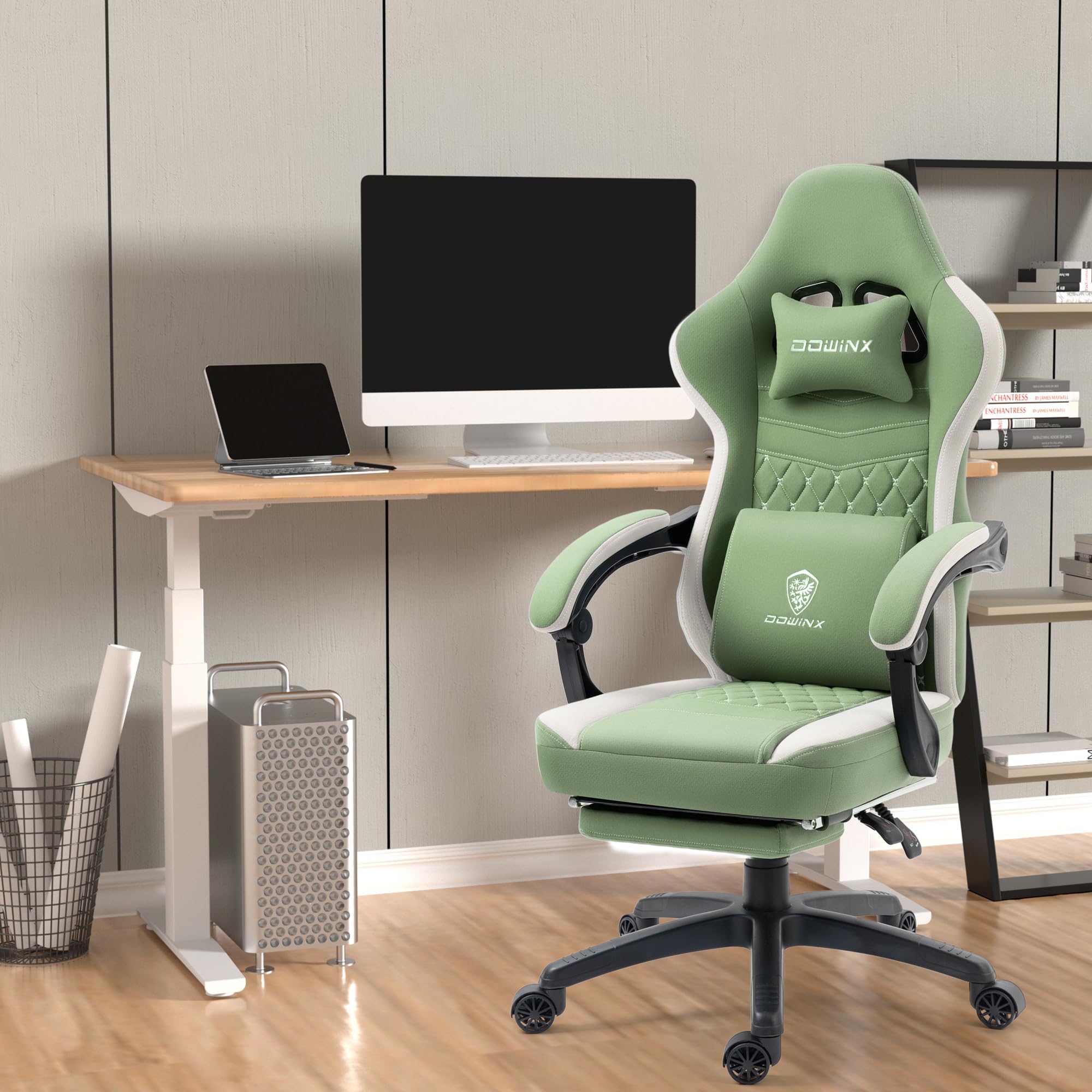 Dowinx Ergonomic Gaming Chair with Breathable Fabric & Pocket Spring Cushion - Comfortable Office Chair with Gel Pad, Storage Bag & Footrest - Green - Perfect for PC Gaming, Home Office & Esports