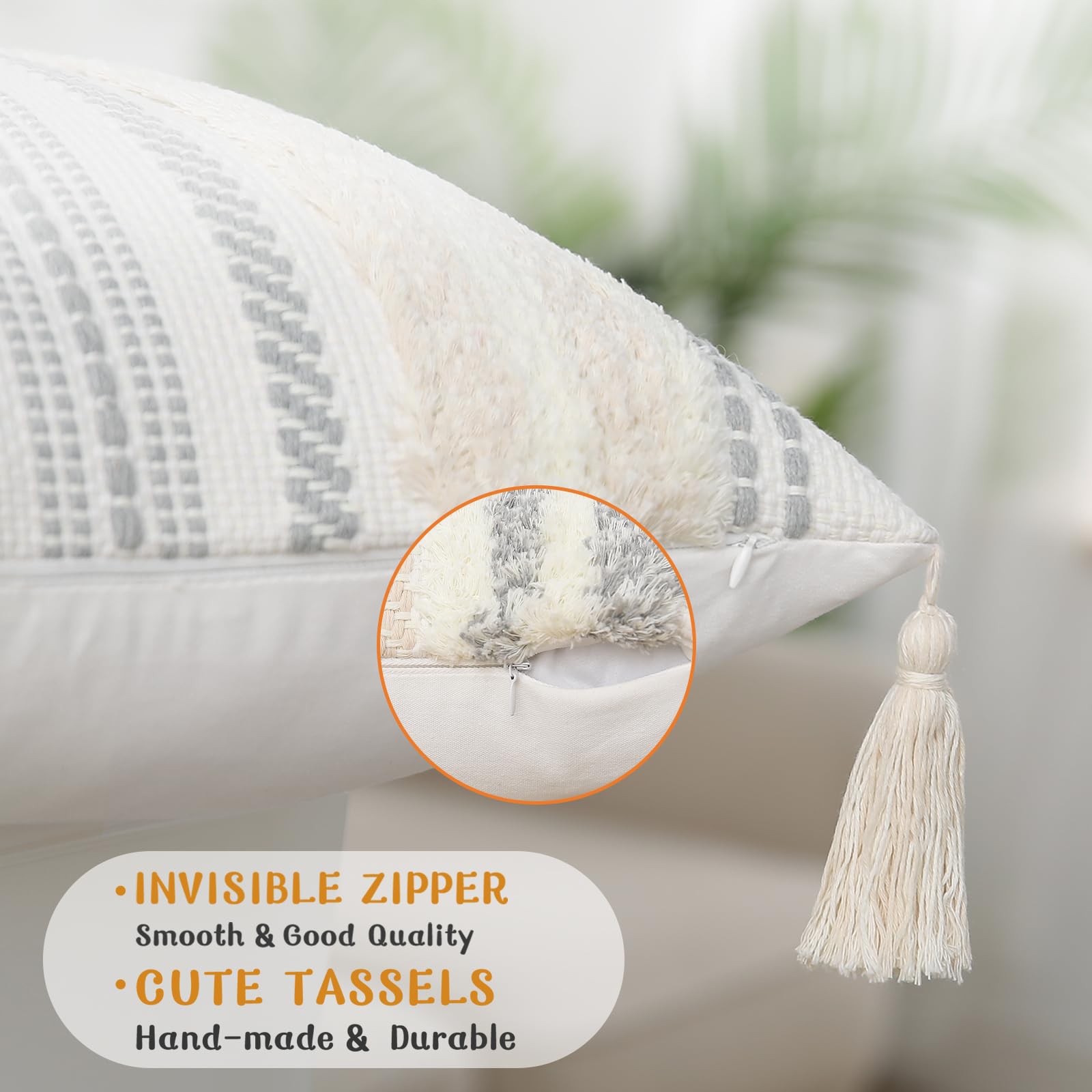 Boho Throw Pillow Covers 20x20 Set of 2 - Neutral Textured Tufted Decorative Pillow Cases with Striped Design for Sofa, Couch, Bed & Living Room - Beige & Cream White - Perfect for Home Decor, Cozy Reading Nook & Boho Chic Interior Styling