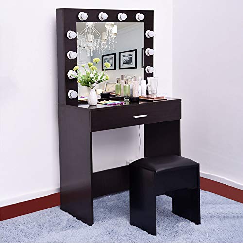 12-LED Light Makeup Vanity Table Set with Mirror, Stool & Drawer - Walnut Wood Dressing Table for Bedroom | Perfect Gift for Women & Girls | Ideal for Daily Beauty Routine & Home Decor