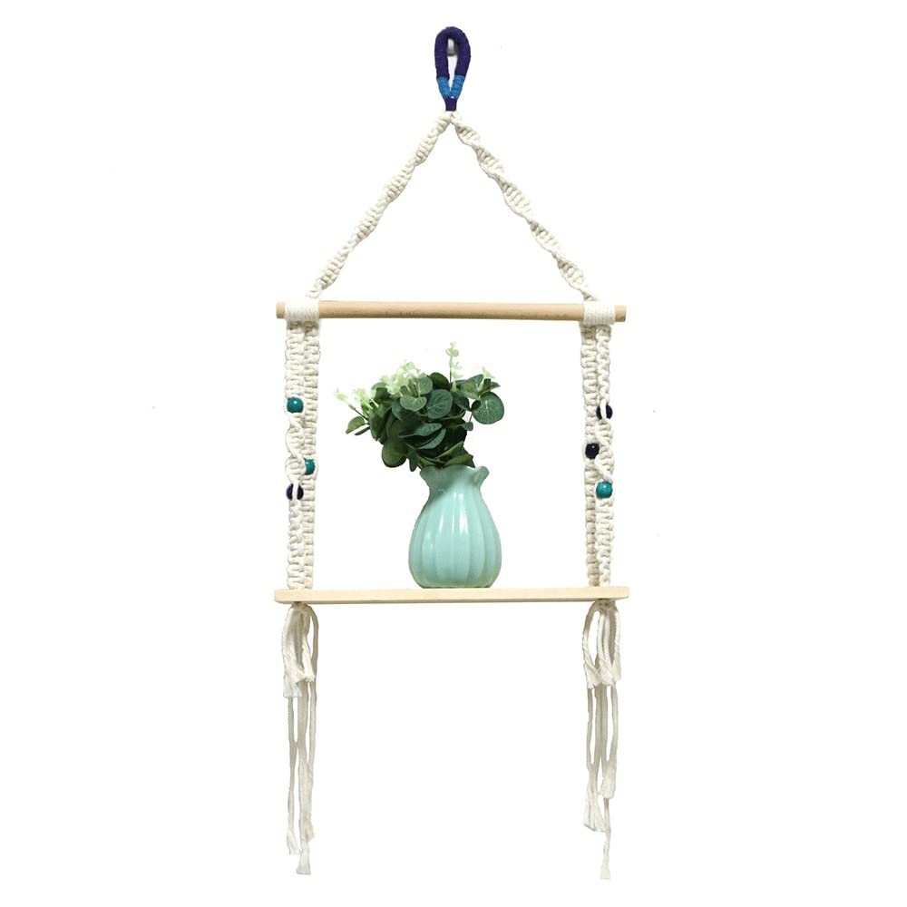 HOLPPO Wooden Double Layer Woven Wall Hanger - Macrame Hanging Plant Shelf with Tassel, Boho Floating Shelves for Bedroom, Bathroom & Living Room - Perfect for Home Decor, Plant Display & Boho Style Storage