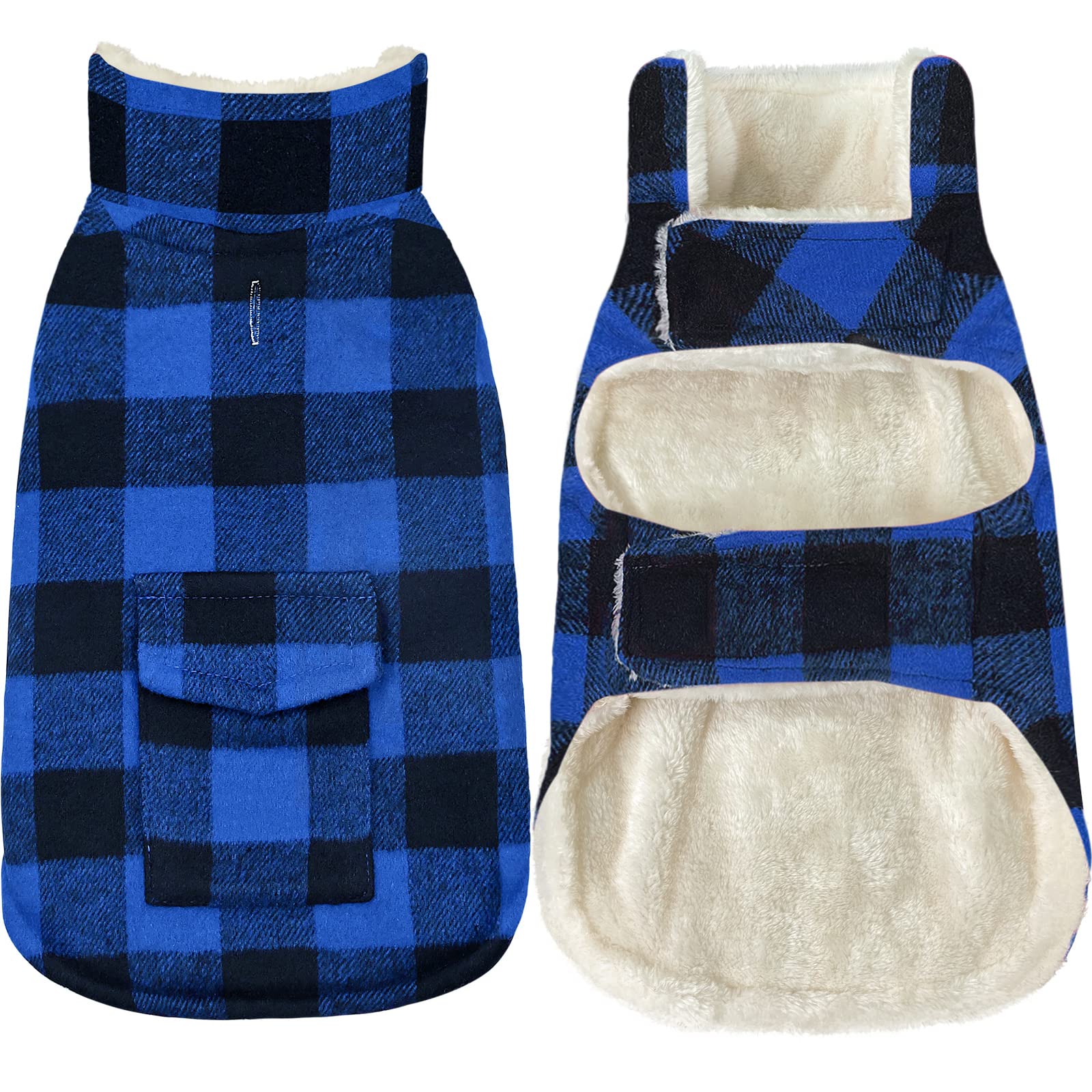 **Malier Classic Plaid Fleece Dog Winter Coat - Windproof Warm Pet Jacket with Pocket for Small Medium Large Dogs - Perfect for Cold Weather Walks & Outdoor Adventures (Blue, Small)**