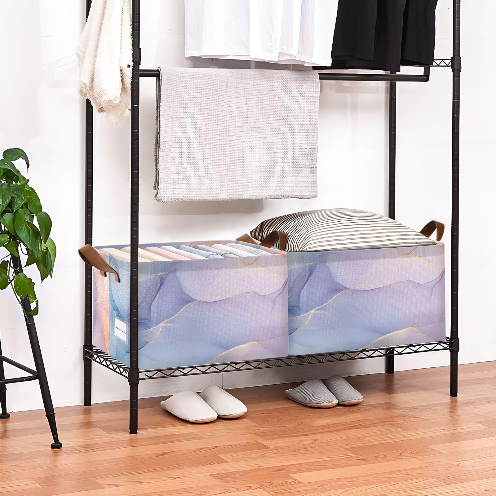 Luxury Marble Print Storage Cubes 2 Pack - Foldable Steel Frame & Water Resistant Fabric Organizer Bins (16.9×11.4×7.7 IN) for Closet, Shelf, Nursery, Office & Home Decor Organization