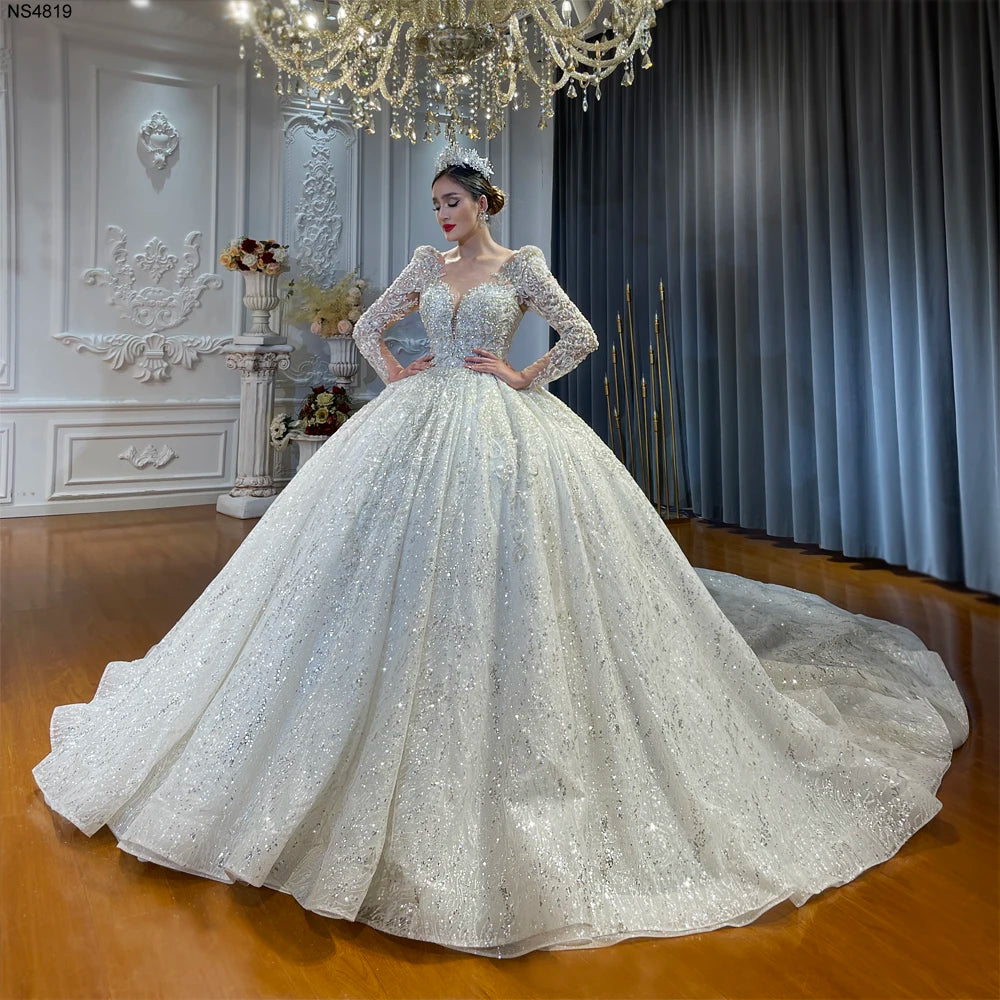 Elegant Lace Crystal Ball Gown Wedding Dress with V-Neckline & Long Train - Perfect for Bridal Ceremonies, Formal Galas & Red Carpet Events