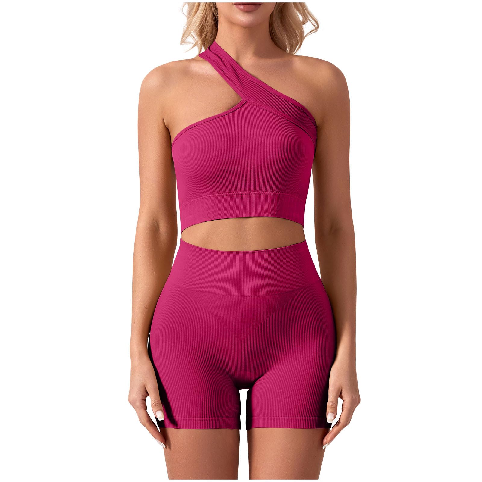 Women's 2-Piece Workout Set - Sexy One Shoulder Crop Top & High Waist Yoga Shorts | Gym, Running, Fitness Outfit
