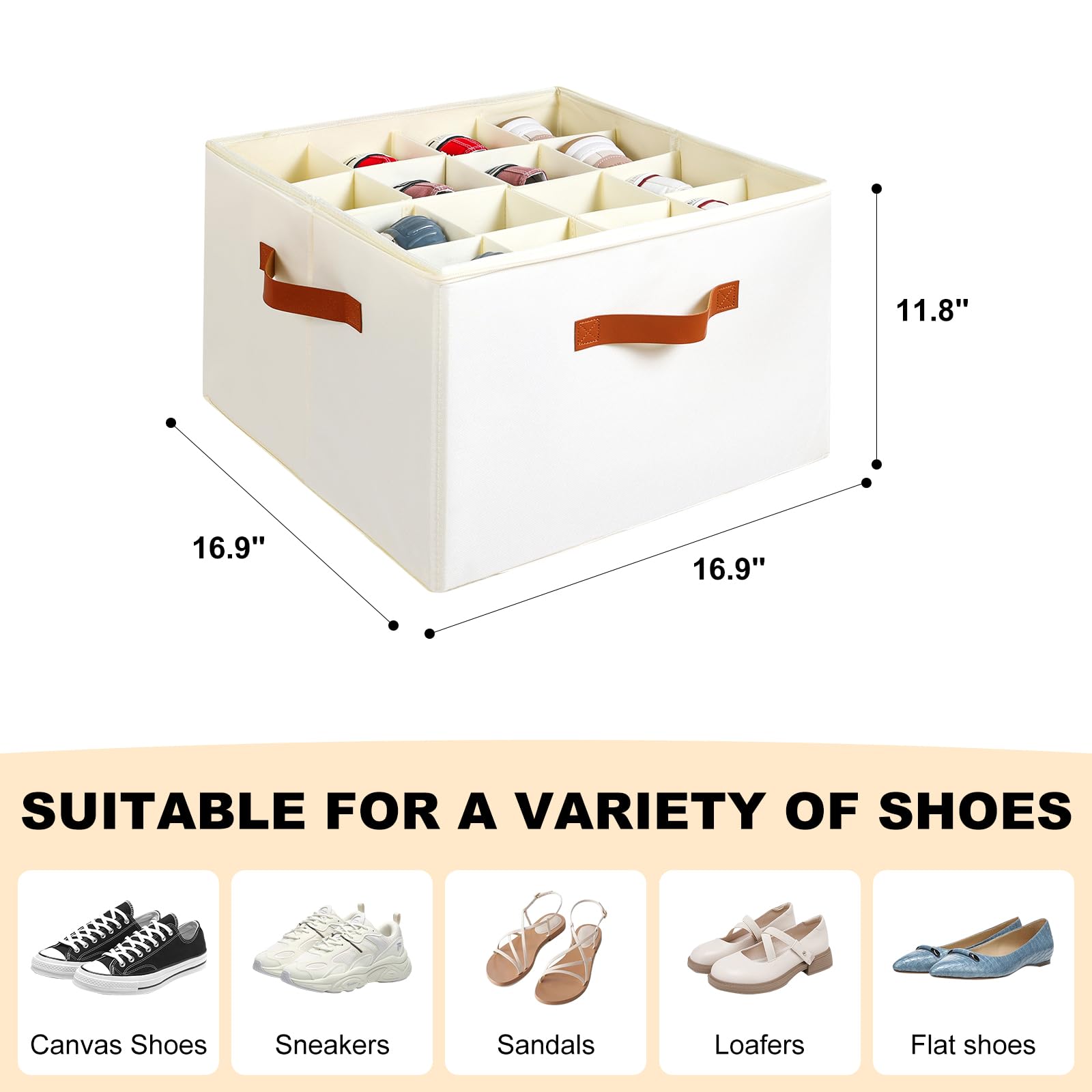 Foldable Shoe Storage Organizer for Closet - Clear Cover Shoe Box with Adjustable Dividers Holds 16 Pairs - Perfect for Bedroom, Entryway & Travel Organization (White)