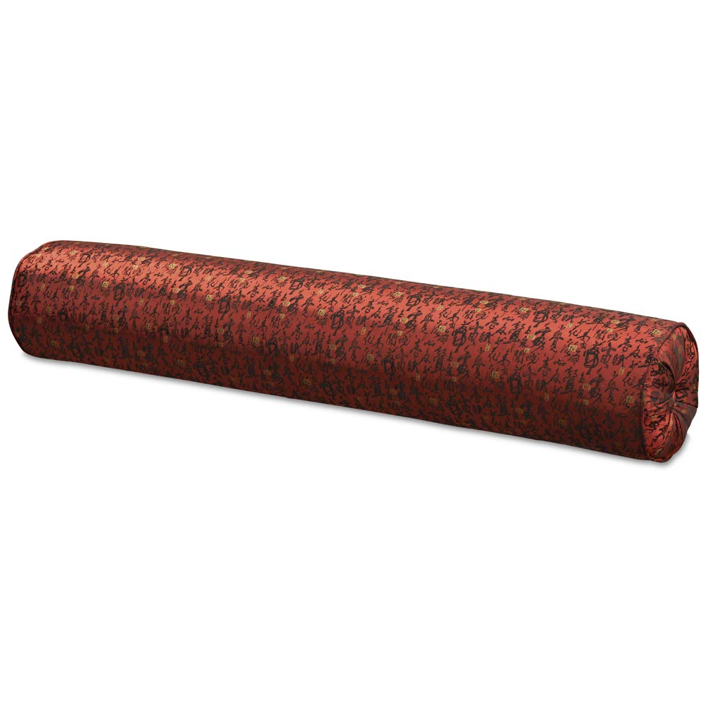 Chinese Calligraphy Maroon Silk Long Bolster Pillow - Traditional Home Decor for Sofa, Bed & Meditation Room