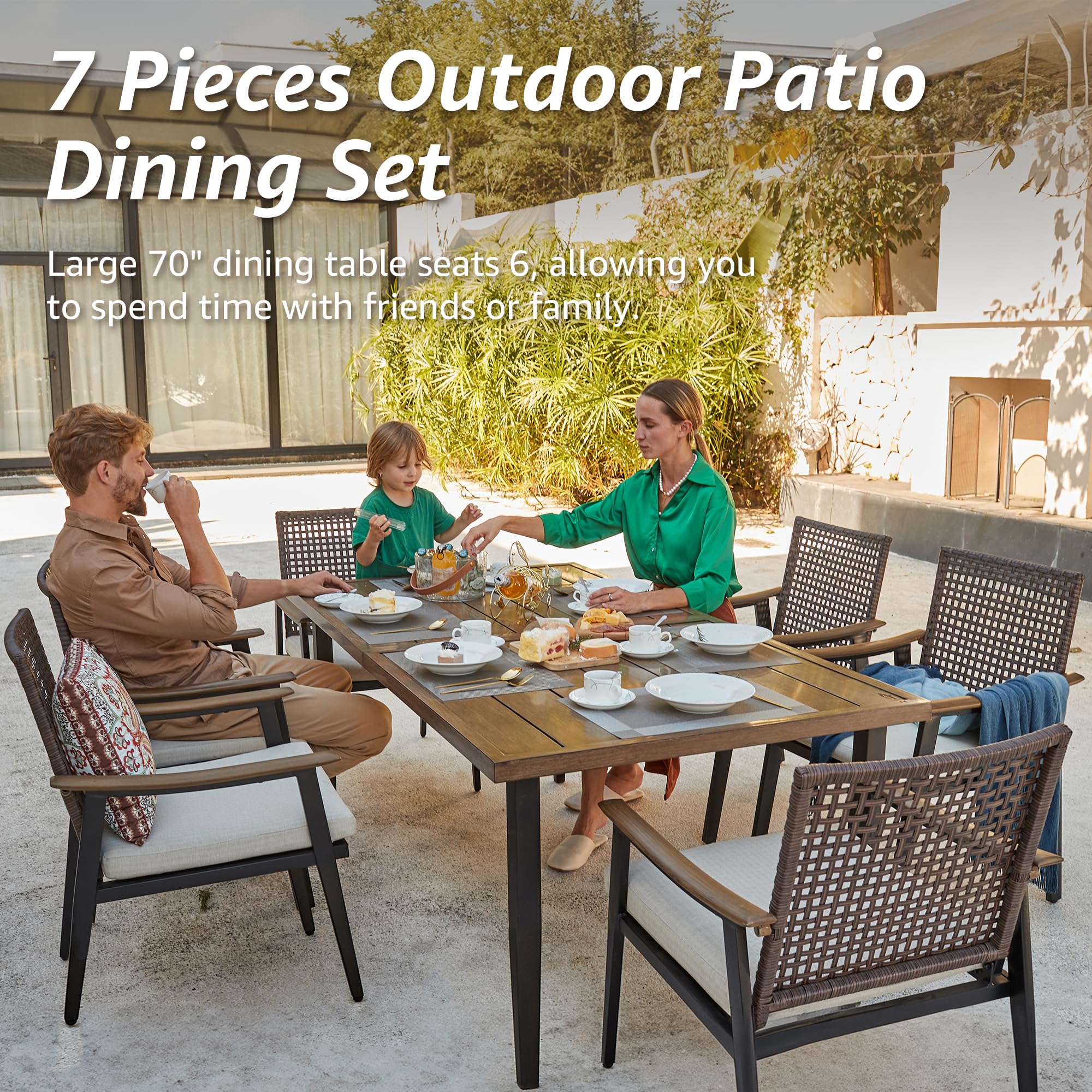 **7-Piece Outdoor Patio Dining Set for 6 - Rattan Wicker Chairs with Cushions & 70