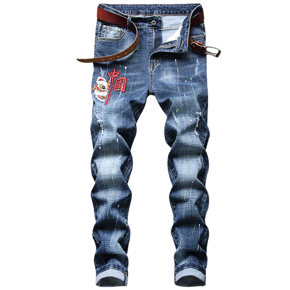 Kiioouu Men's Embroidered Ripped Denim Jeans - Slim Fit Motorcycle Pants with Artistic Paint Design | Perfect for Casual Wear, Biker Outfits & Street Style Fashion