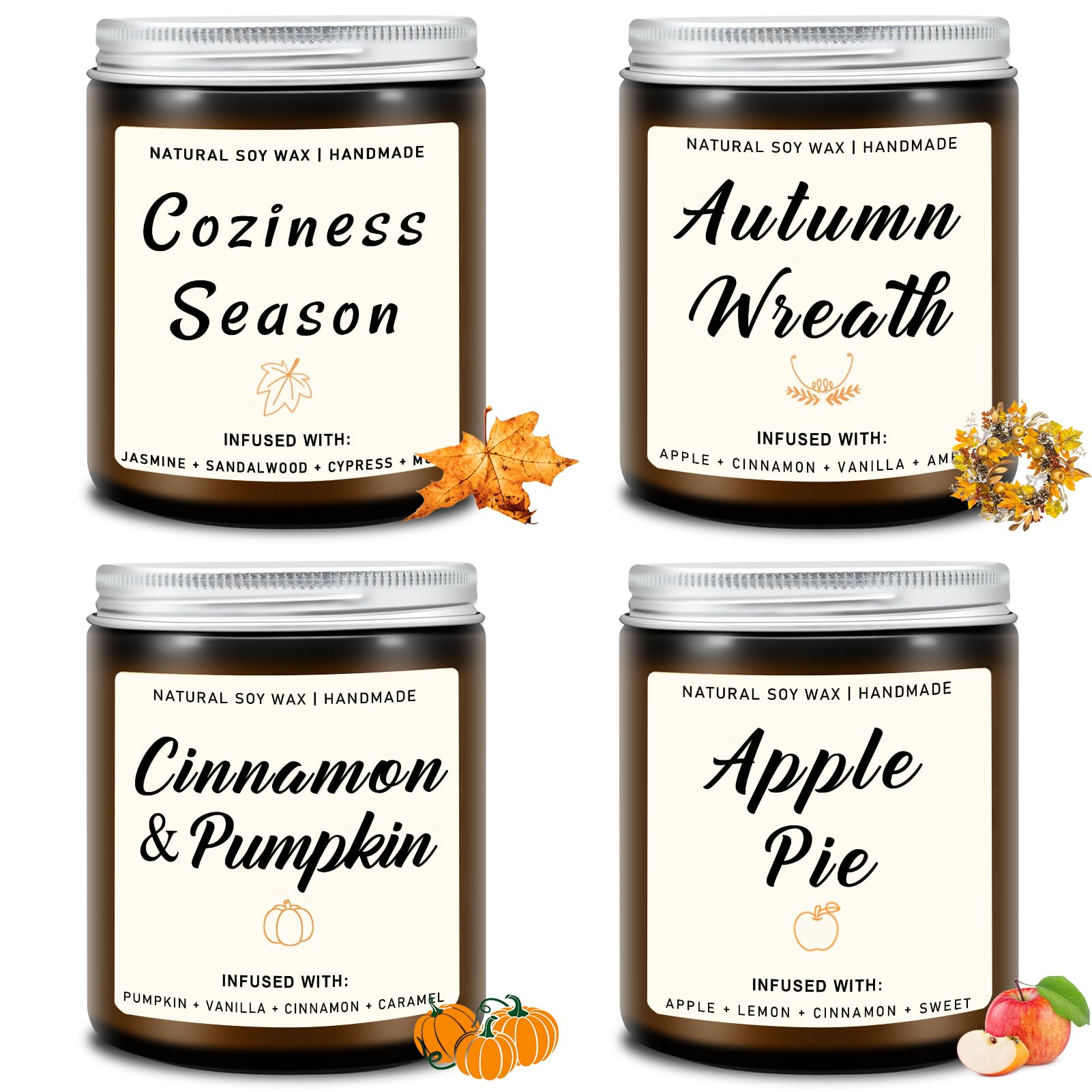 Fall Scented Candles Set of 4 - Apple Pie, Autumn Wreath, Cozy Season & Cinnamon Pumpkin Aromas | Home Decor & Seasonal Gifts for Women & Men | Perfect for Thanksgiving, Cozy Evenings & Autumn Home Fragrance