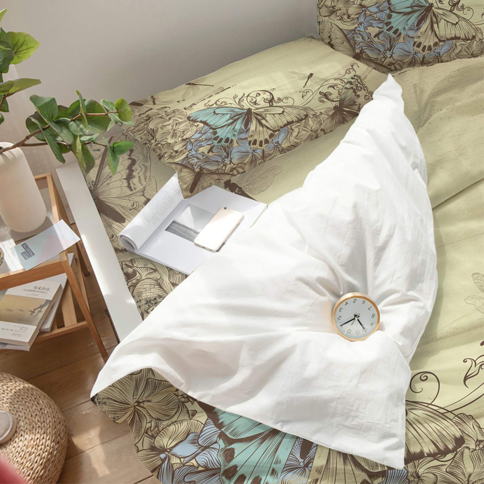 4 Piece King Size Duvet Cover Set - Abstract Butterfly & Dragonfly Design on Rustic Wood Grain, Luxury Soft Bedding Comforter Cover with 1 Duvet Cover, 1 Fitted Sheet & 2 Pillowcases - Perfect for Master Bedroom, Guest Room & Bohemian Home Decor