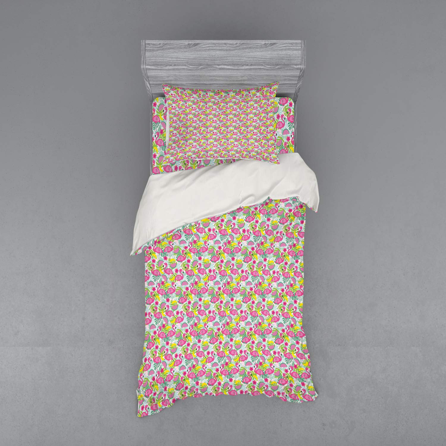Ambesonne Tropical Bedding Set - Exotic Cartoon Print with Leaf, Banana, Watermelon & Hibiscus - 3 Piece Duvet Cover Set with Pillow Sham & Fitted Sheet - Twin Size, Vibrant Colors - Perfect for Kids' Room, Beach House or Summer Themed Decor