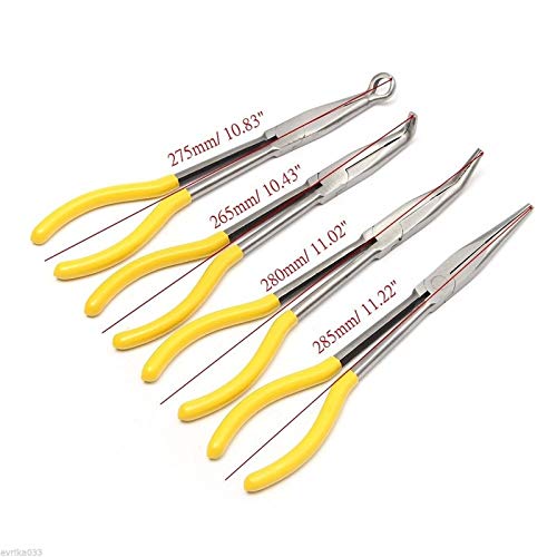 YCHUAN 4Pcs 11-Inch Extra Long Nose Pliers Set - Straight & Bent Tip Professional Mechanic Tools (Silver/Yellow) - Perfect for Automotive Repair, Electronics Work, and DIY Projects