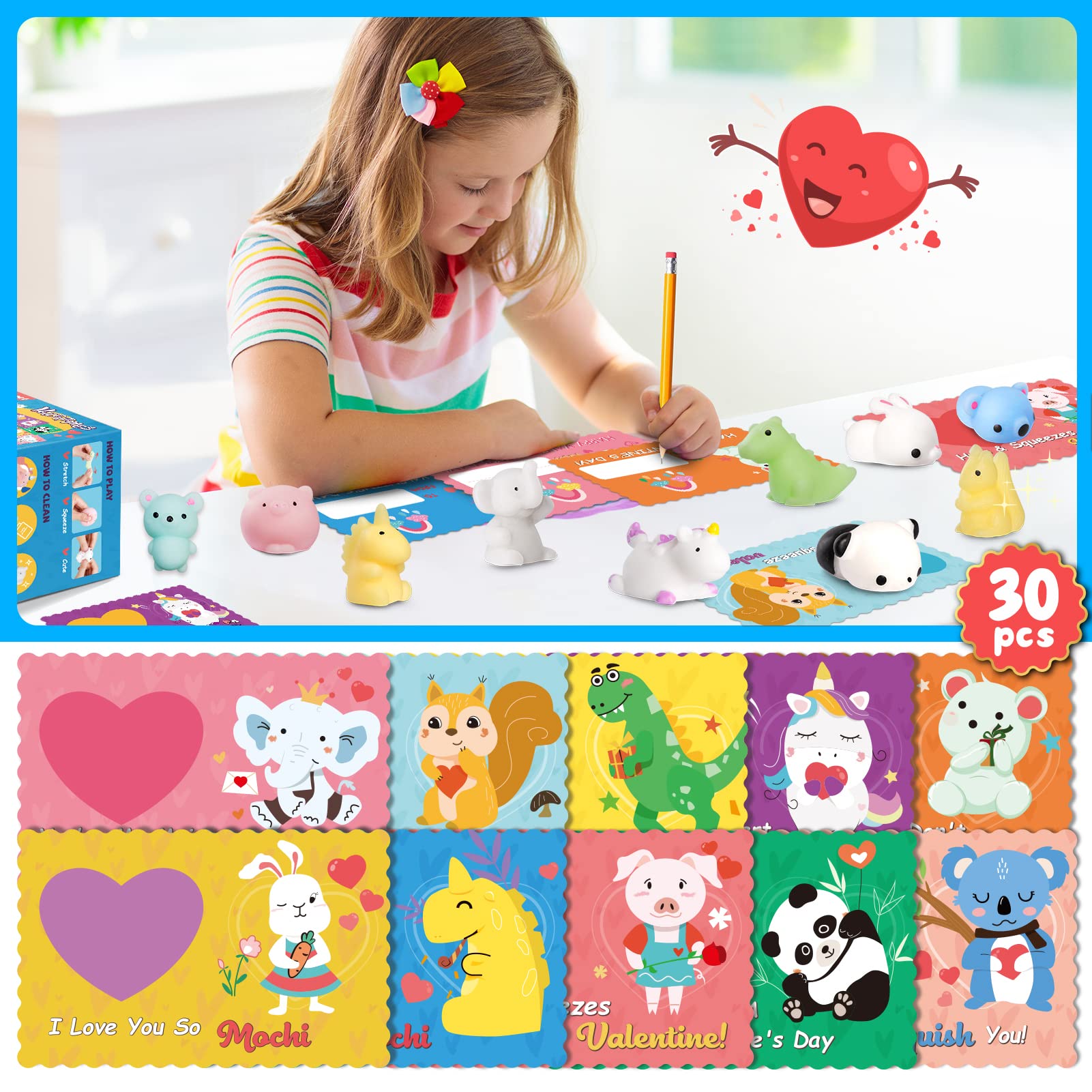 30 Pack Valentine's Day Cards with Mochi Squishy Toys - Cute Mini Stress Relief Toys for Kids, Classroom Prizes & Gift Exchange - Perfect for School Parties, Valentine's Day Gifts & Stress Relief Activities
